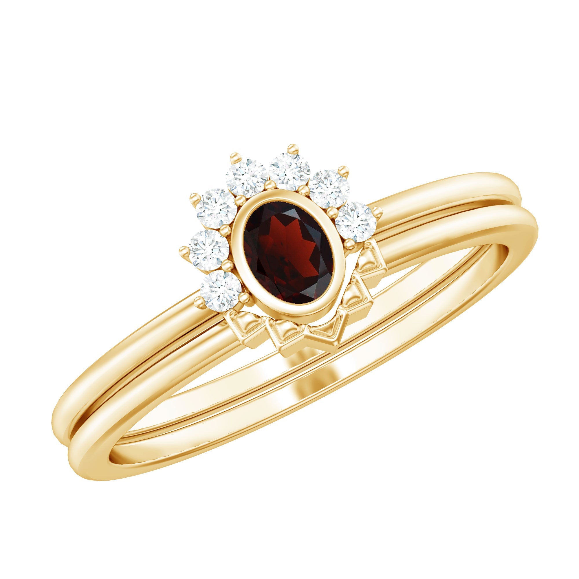 Natural Garnet Diamond Engagement Ring with Enhancer in Gold Plated Silver