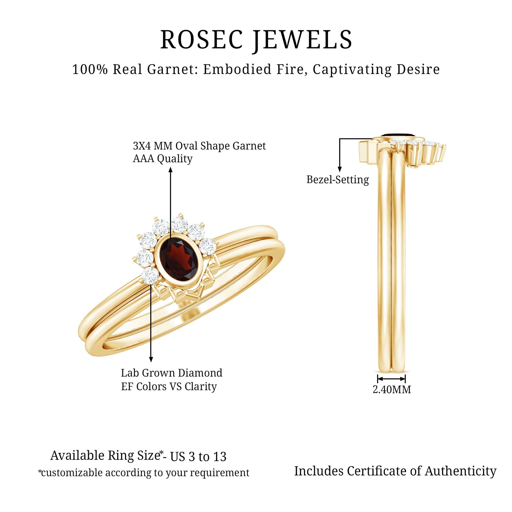 Natural Garnet Diamond Engagement Ring with Enhancer in Gold Plated Silver