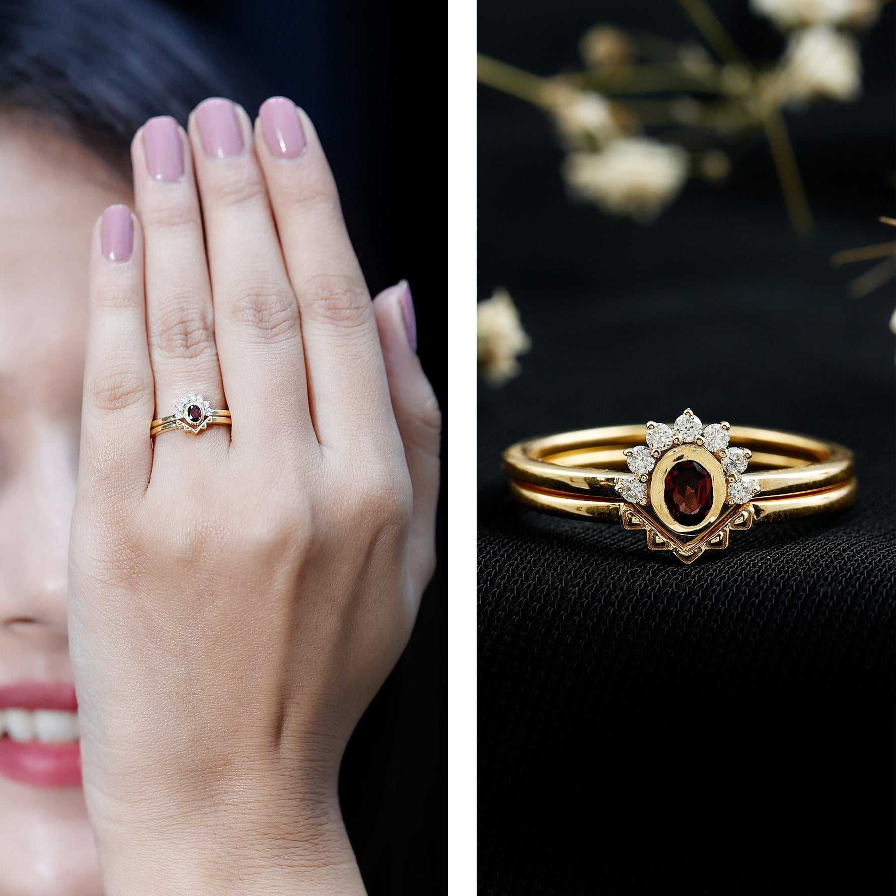 Natural Garnet Diamond Engagement Ring with Enhancer in Gold Plated Silver