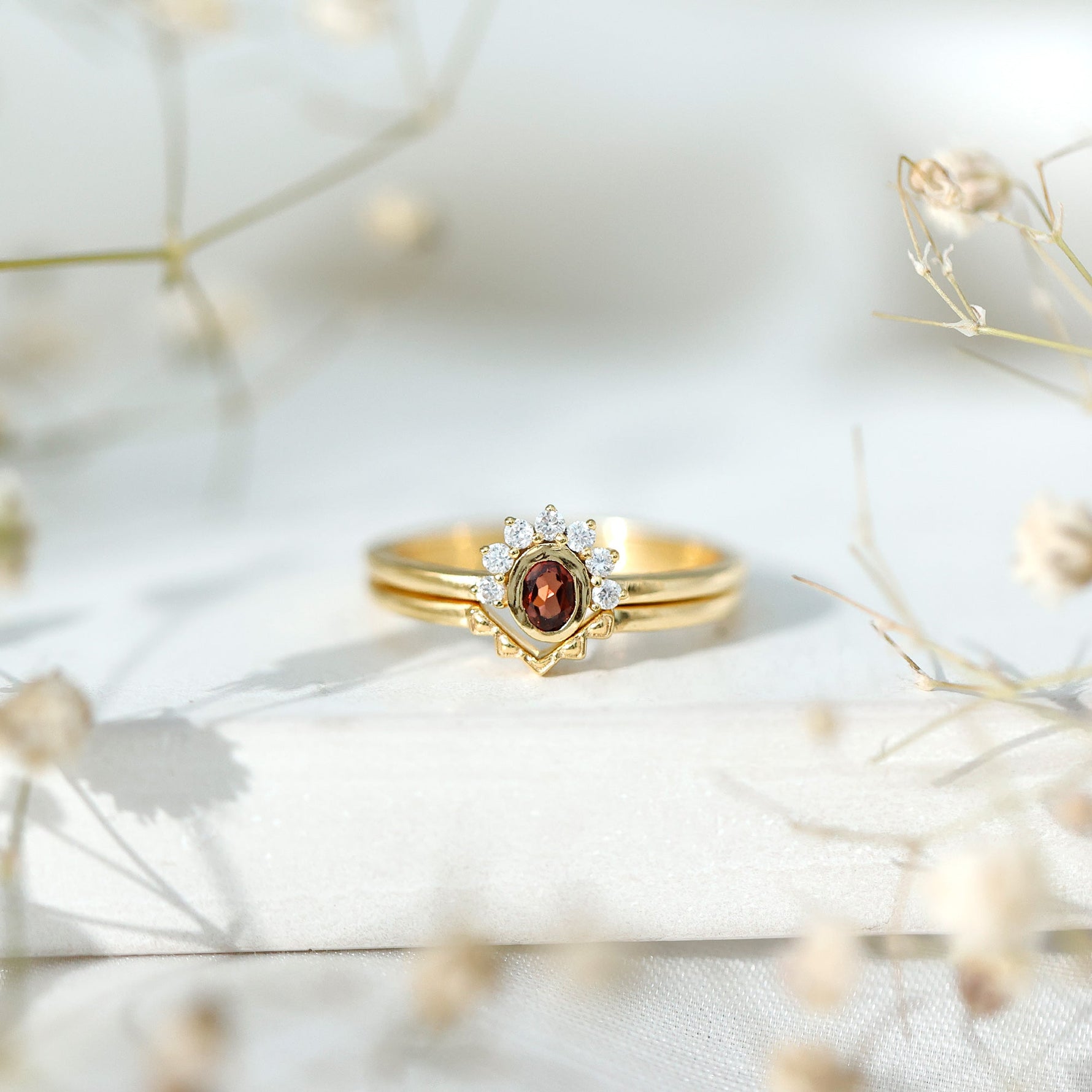 Natural Garnet Diamond Engagement Ring with Enhancer in Gold Plated Silver
