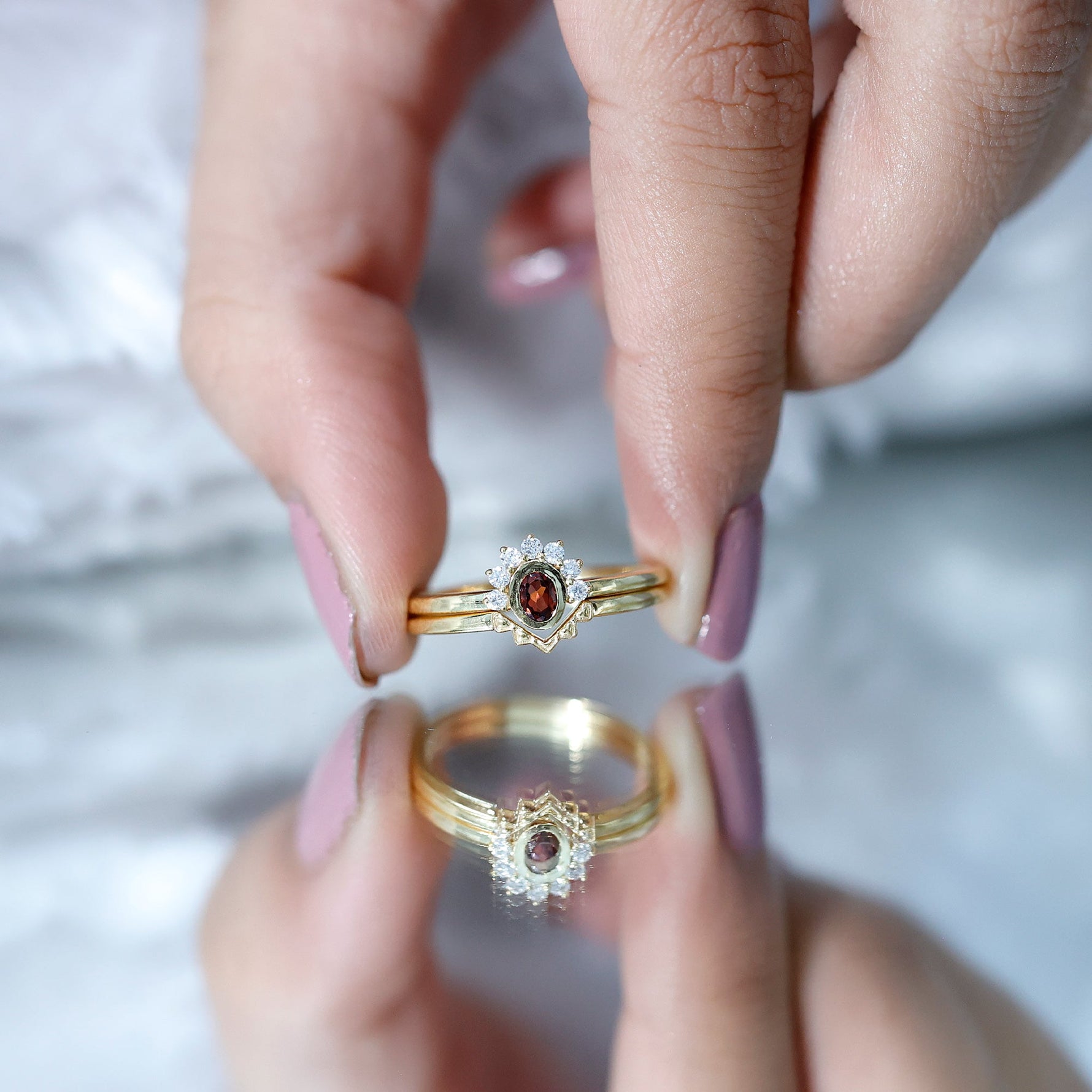 Natural Garnet Diamond Engagement Ring with Enhancer in Gold Plated Silver