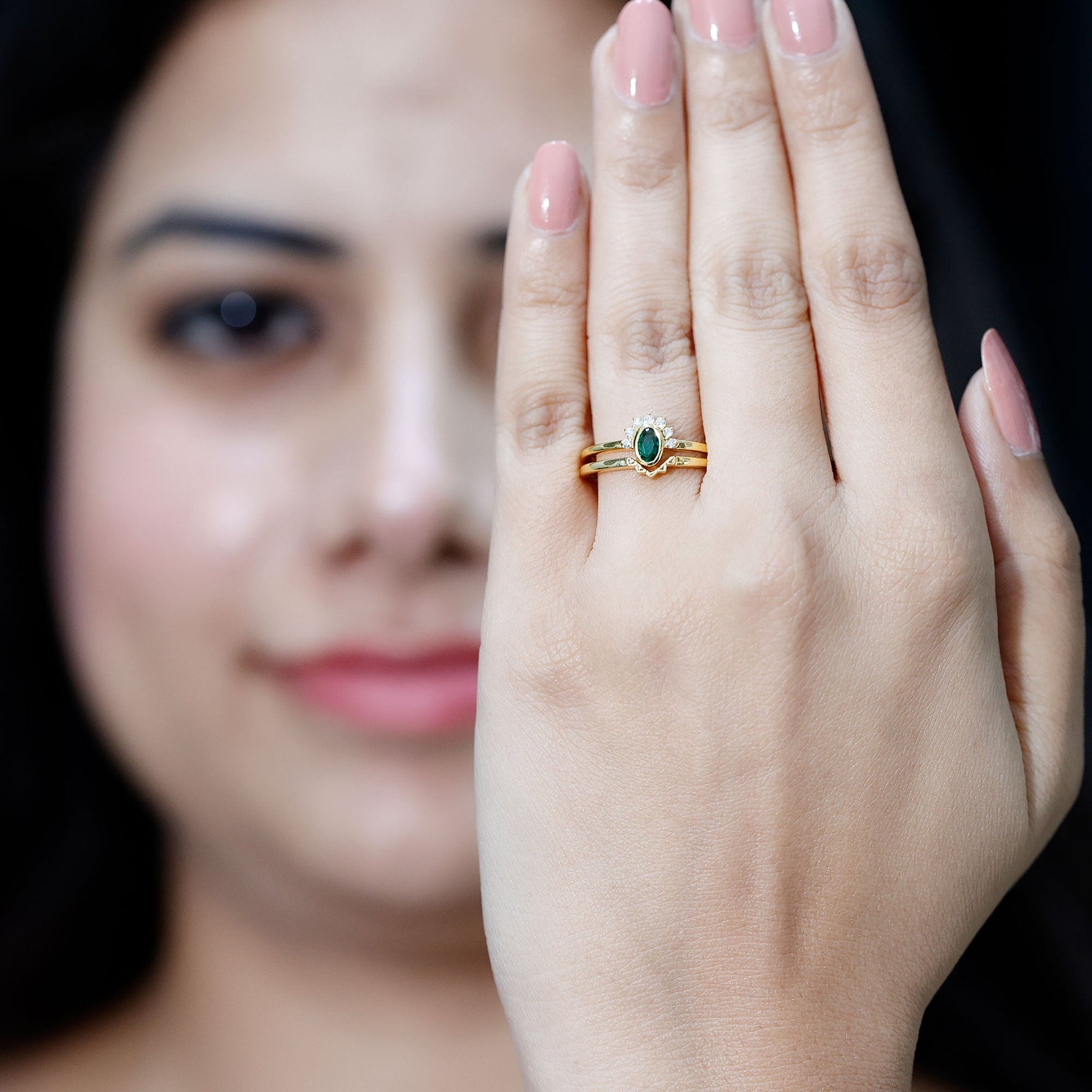 Oval Cut Lab Grown Emerald Wedding Ring Set with Diamond