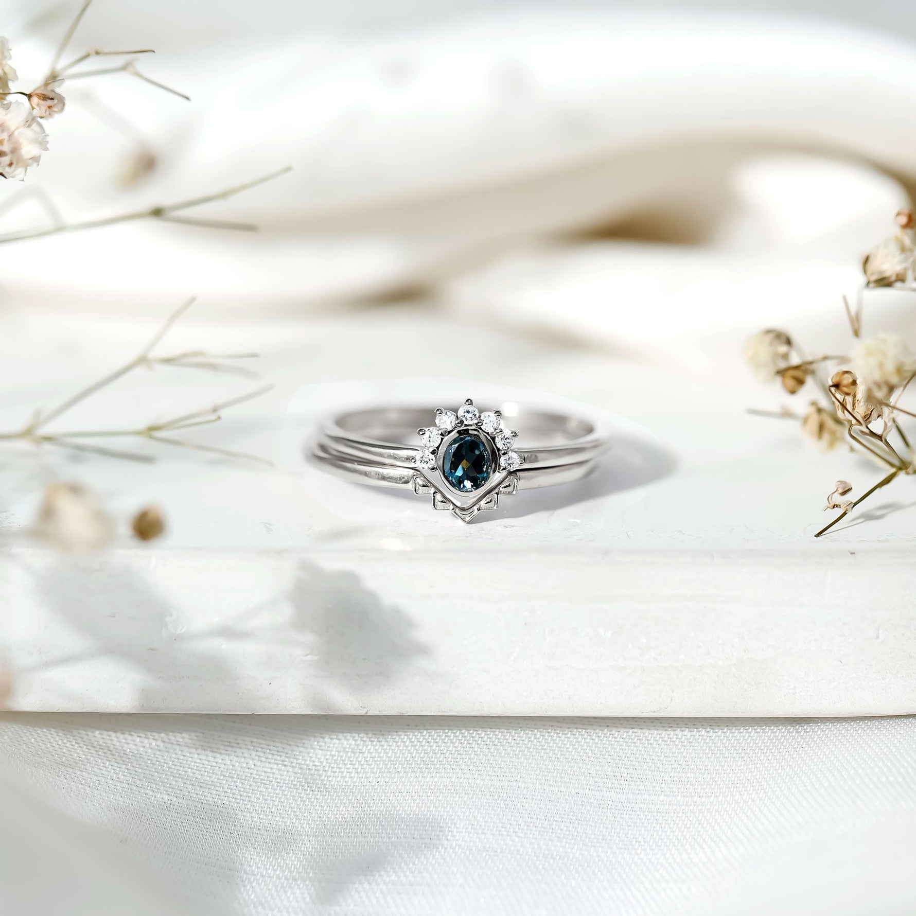 Real London Blue Topaz Engagement Ring With Enhancer in Silver