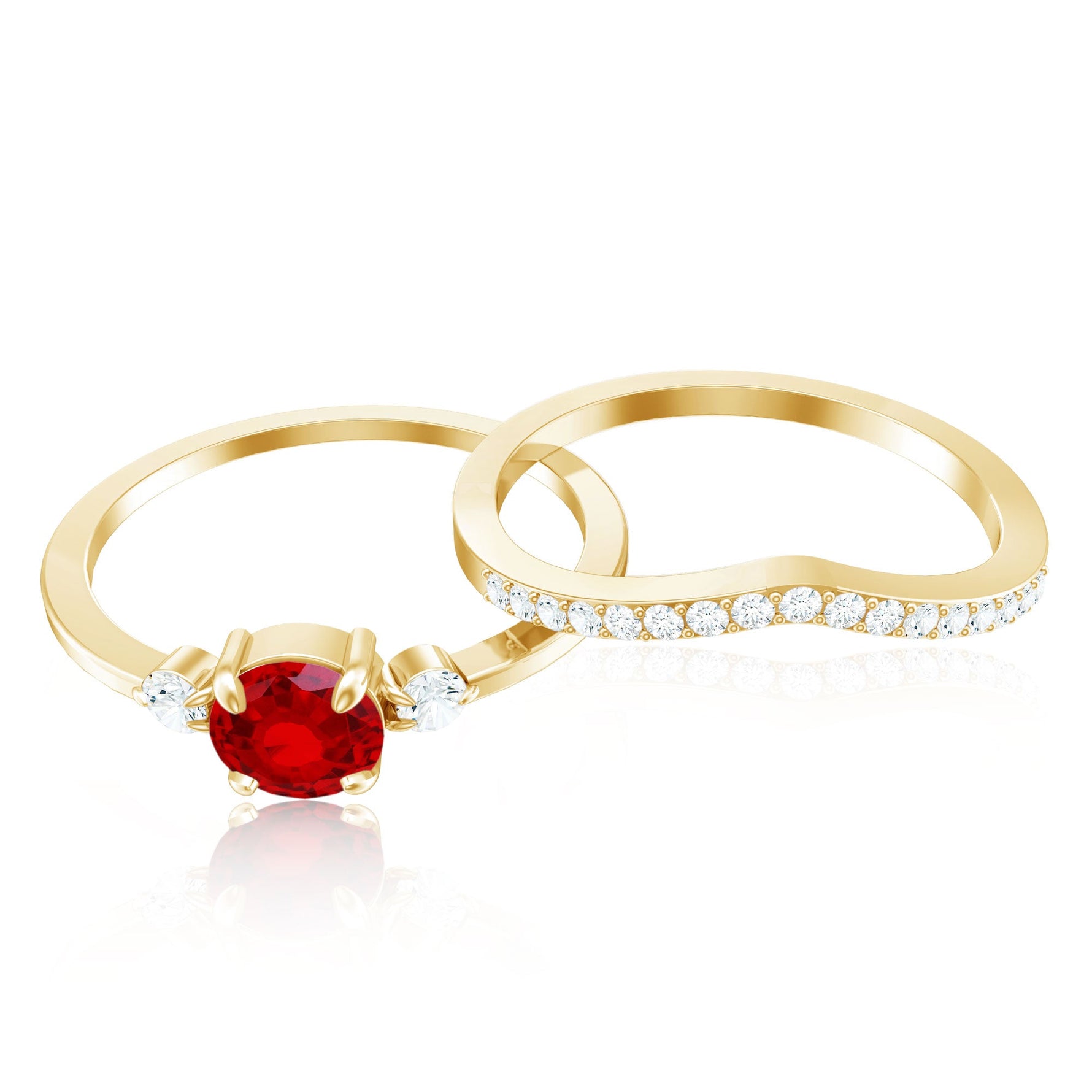 Simple Lab Created Ruby and Diamond Stackable Wedding Ring Set