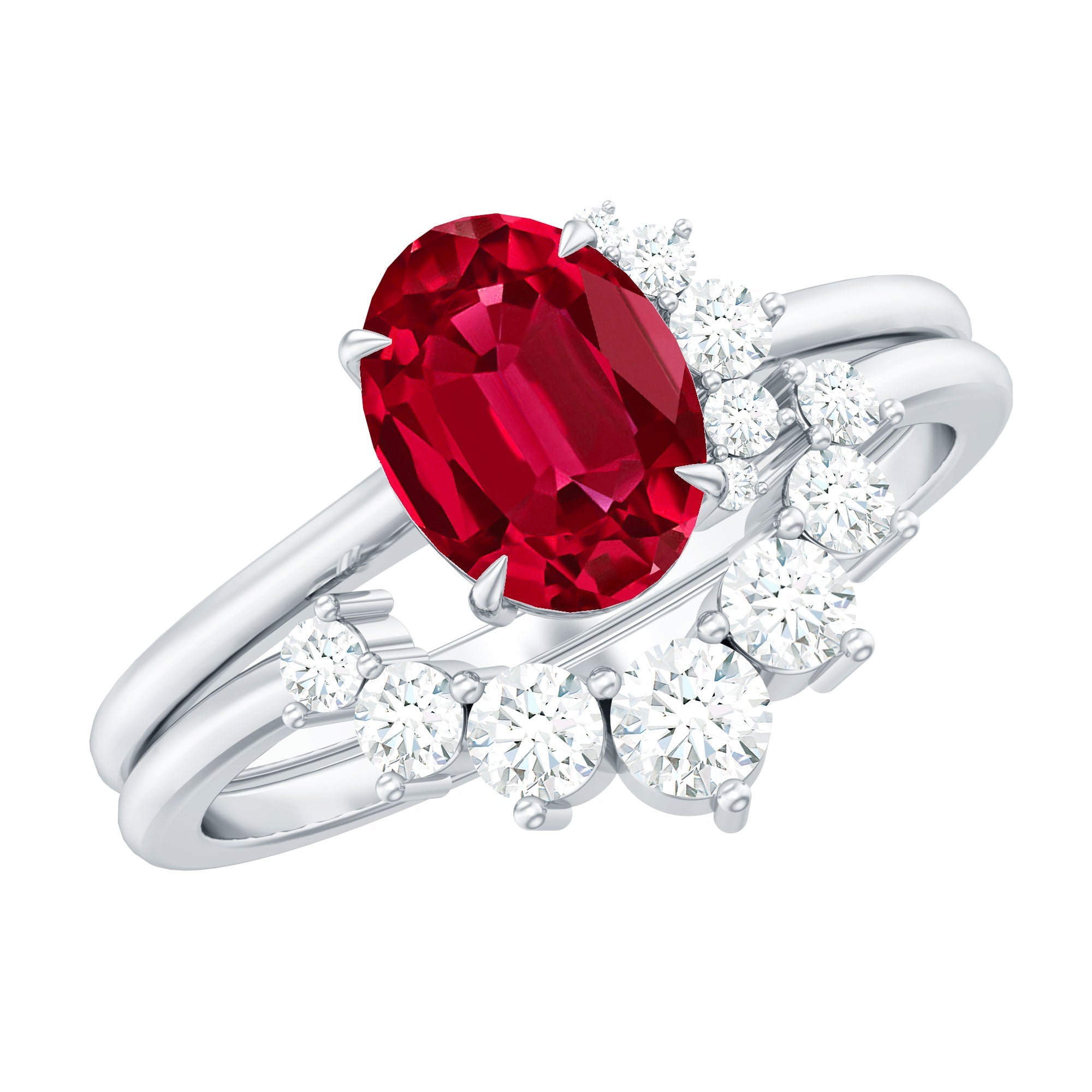 Oval Created Ruby Solitaire Wedding Ring Set with Diamond