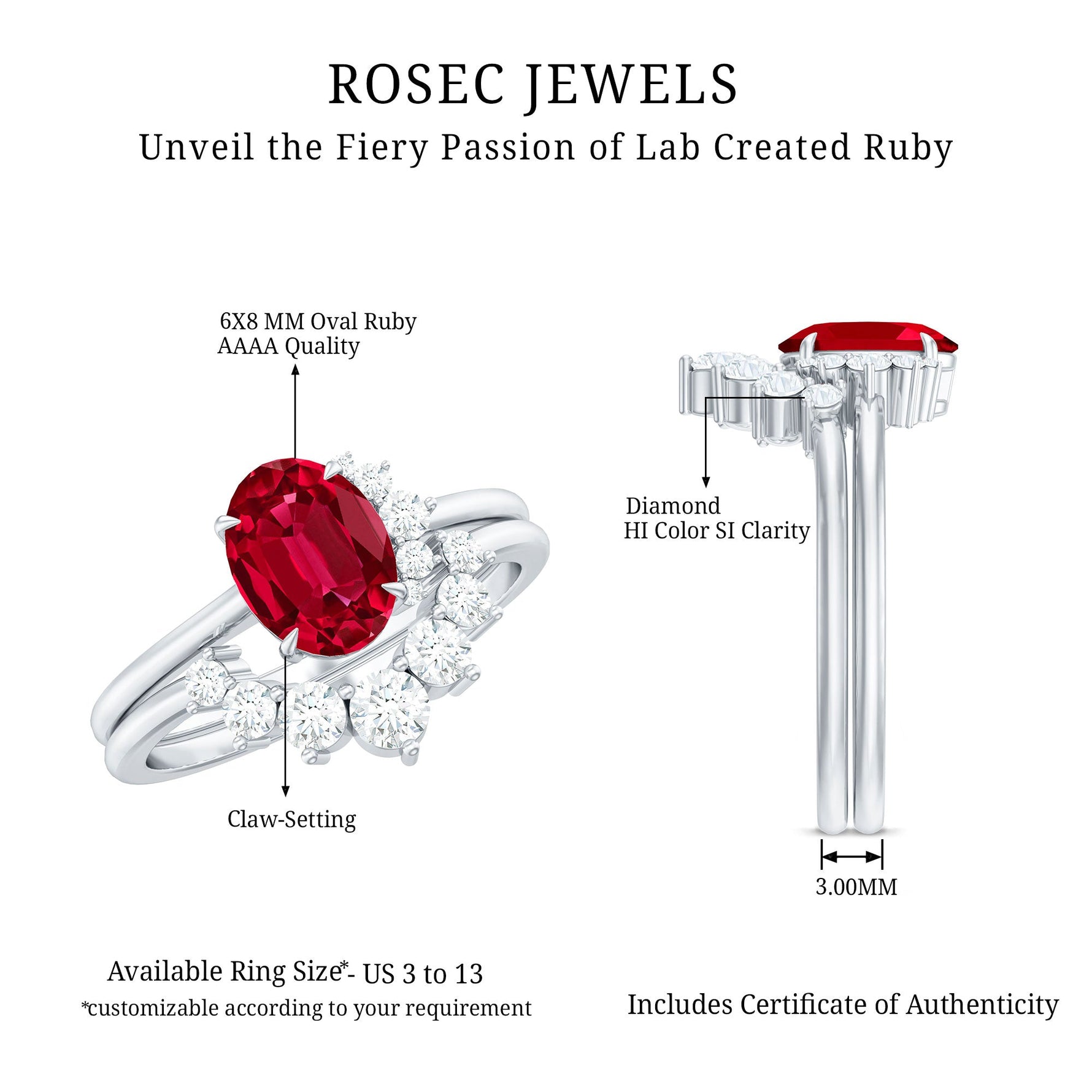 Oval Created Ruby Solitaire Wedding Ring Set with Diamond