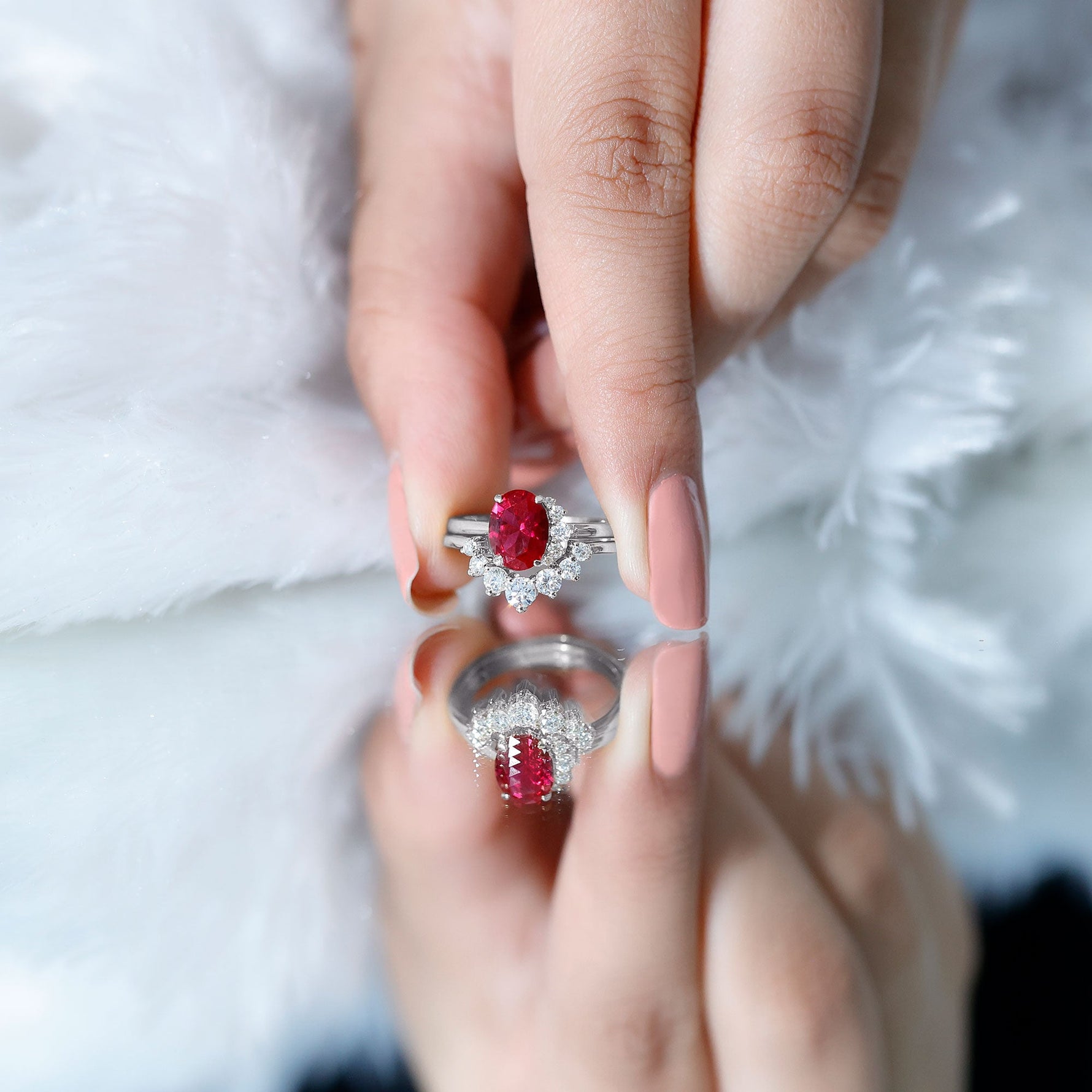 Oval Created Ruby Solitaire Wedding Ring Set with Diamond