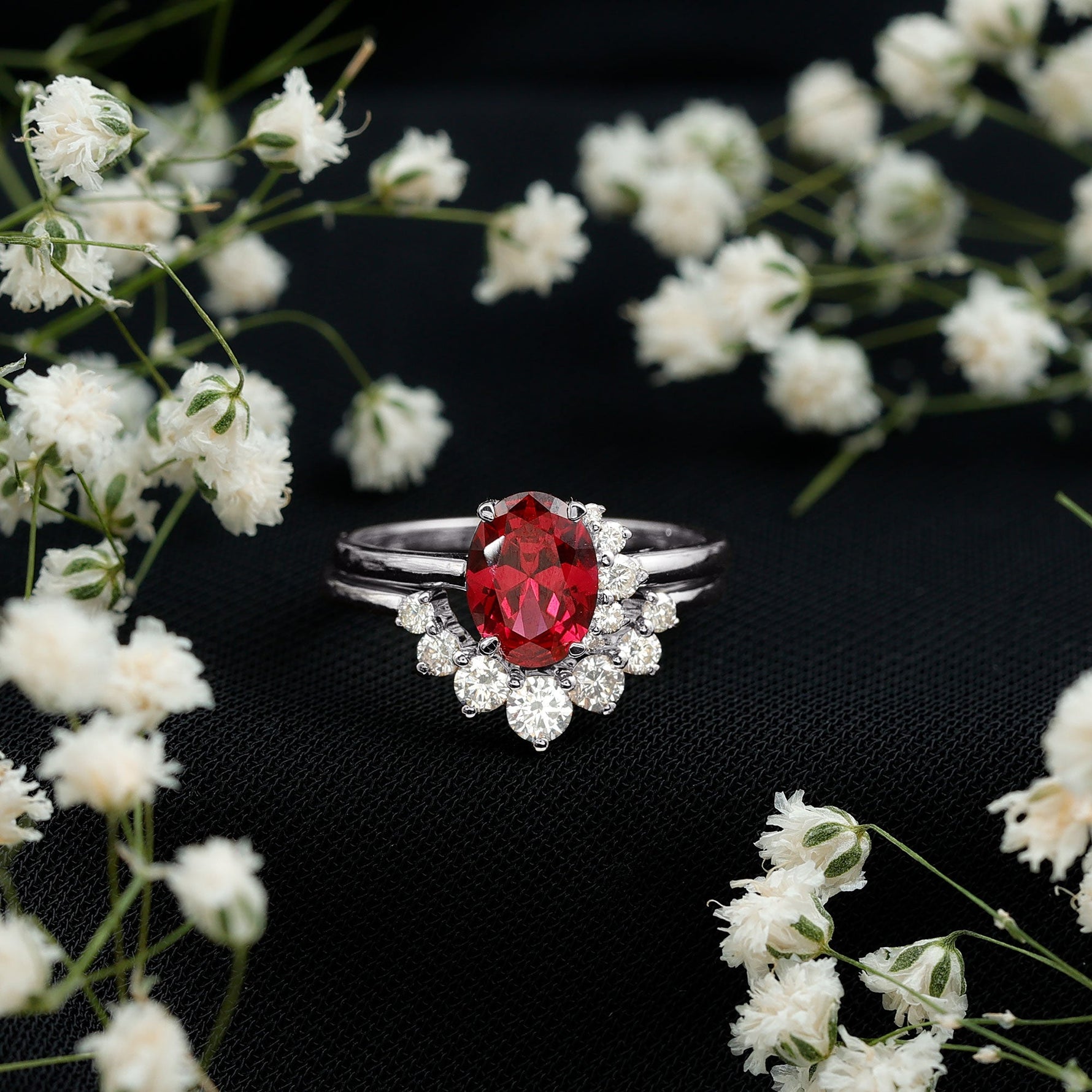 Oval Created Ruby Solitaire Wedding Ring Set with Diamond