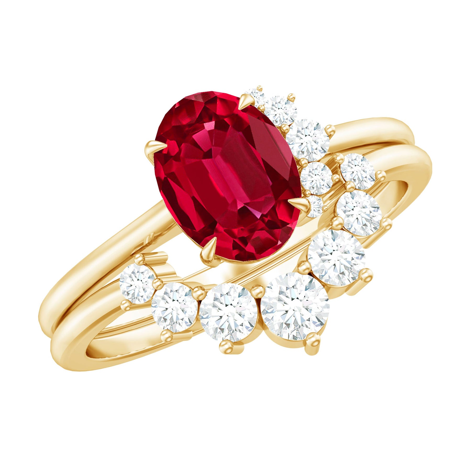 Oval Created Ruby Solitaire Wedding Ring Set with Diamond