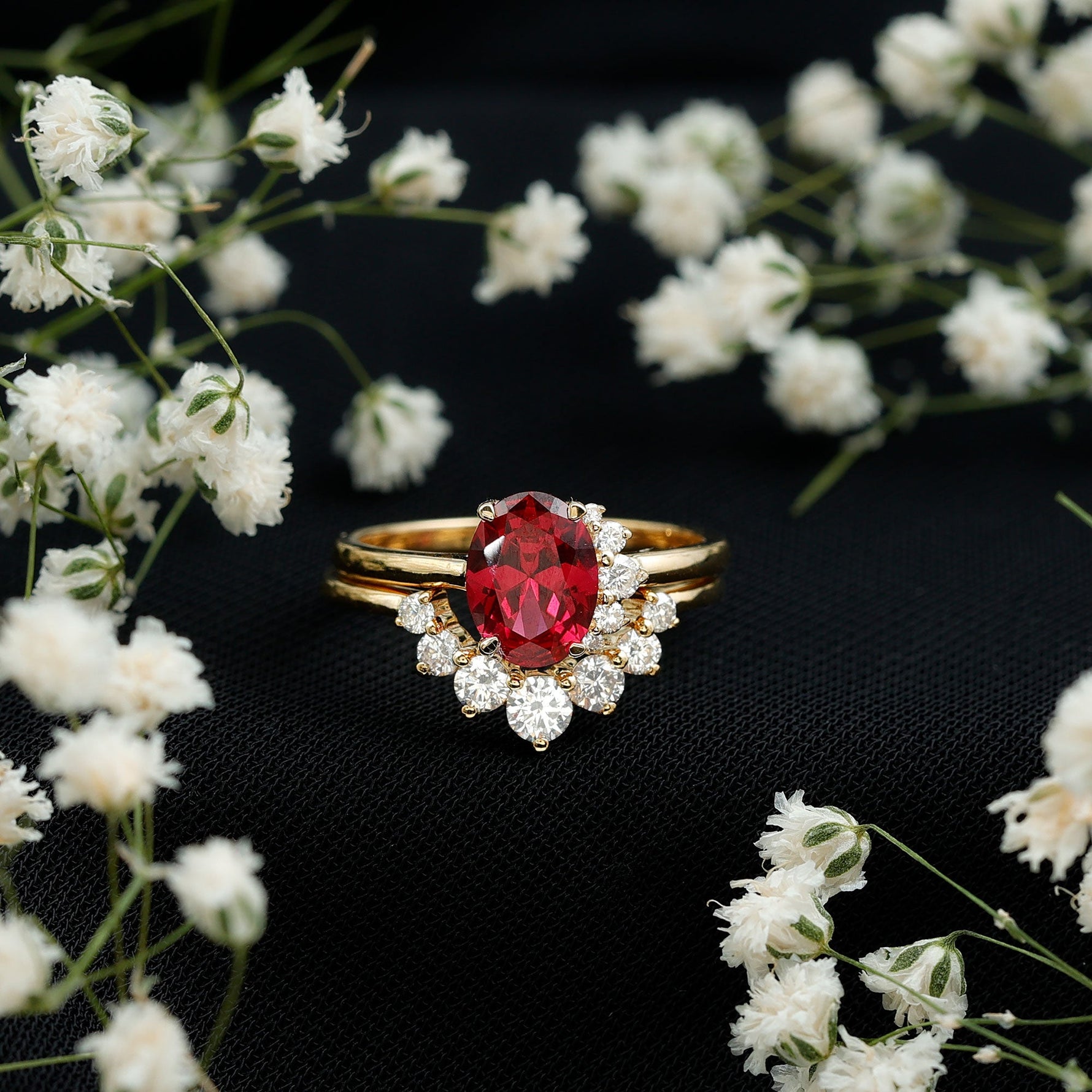 Oval Created Ruby Solitaire Wedding Ring Set with Diamond