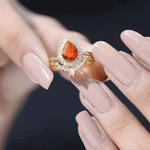 Real Fire Opal Teardrop Wedding Ring Set with Diamond Halo