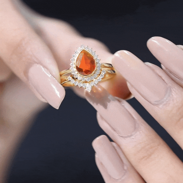Real Fire Opal Teardrop Wedding Ring Set with Diamond Halo