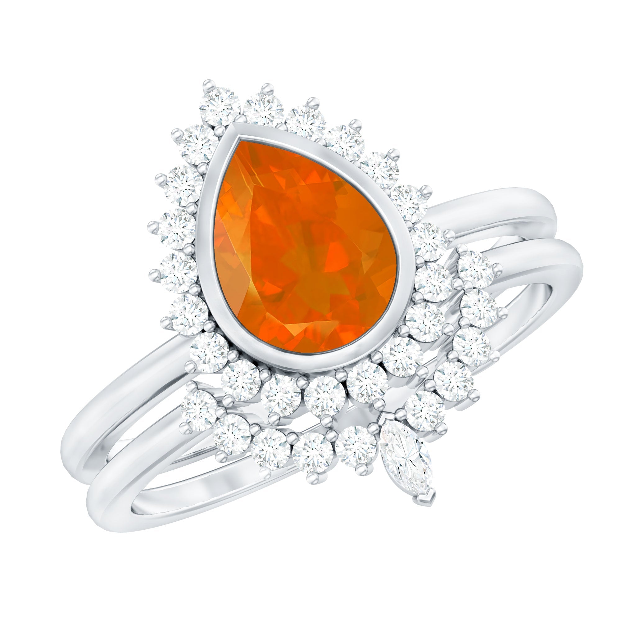 Real Fire Opal Teardrop Wedding Ring Set with Diamond Halo