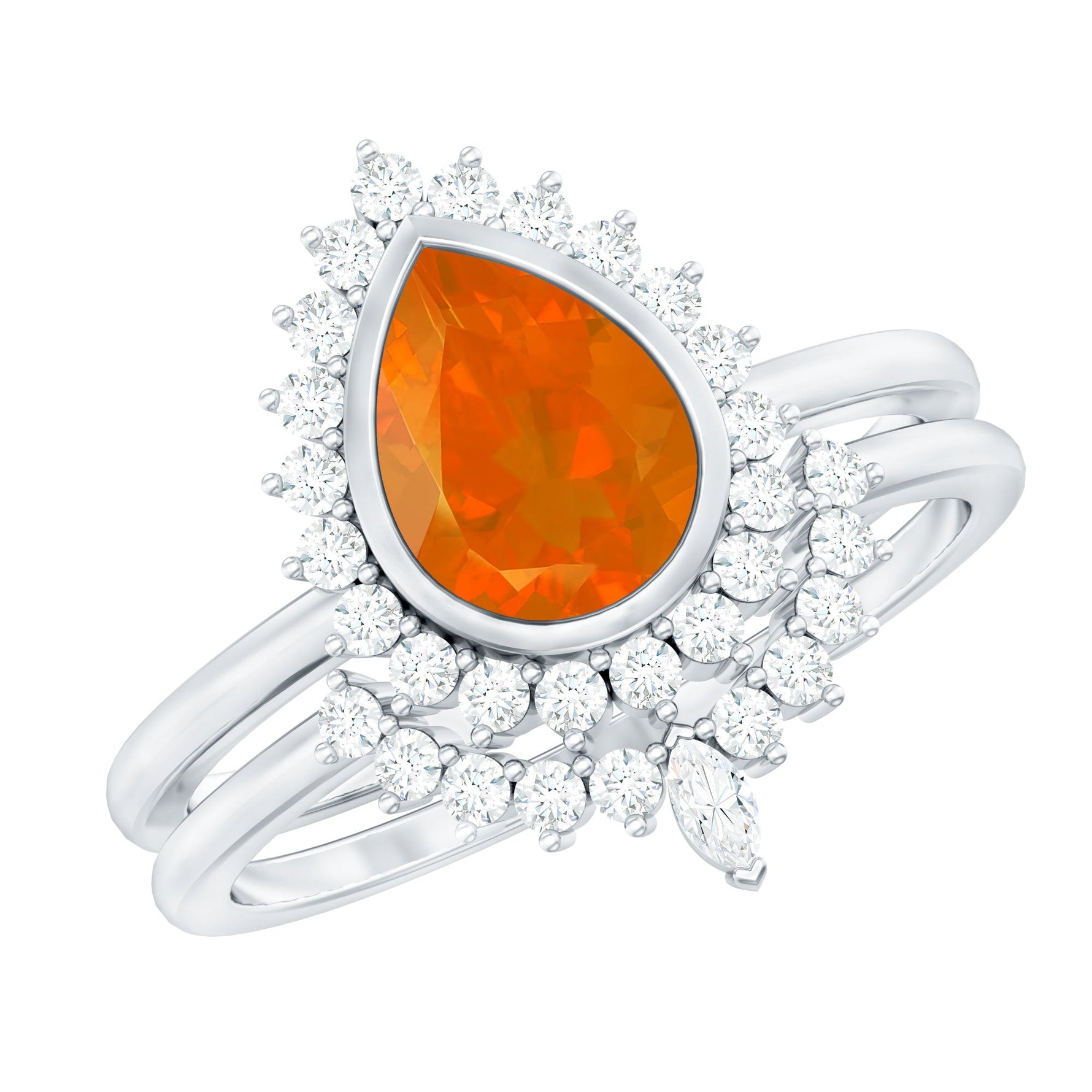 Real Fire Opal Teardrop Wedding Ring Set with Diamond Halo