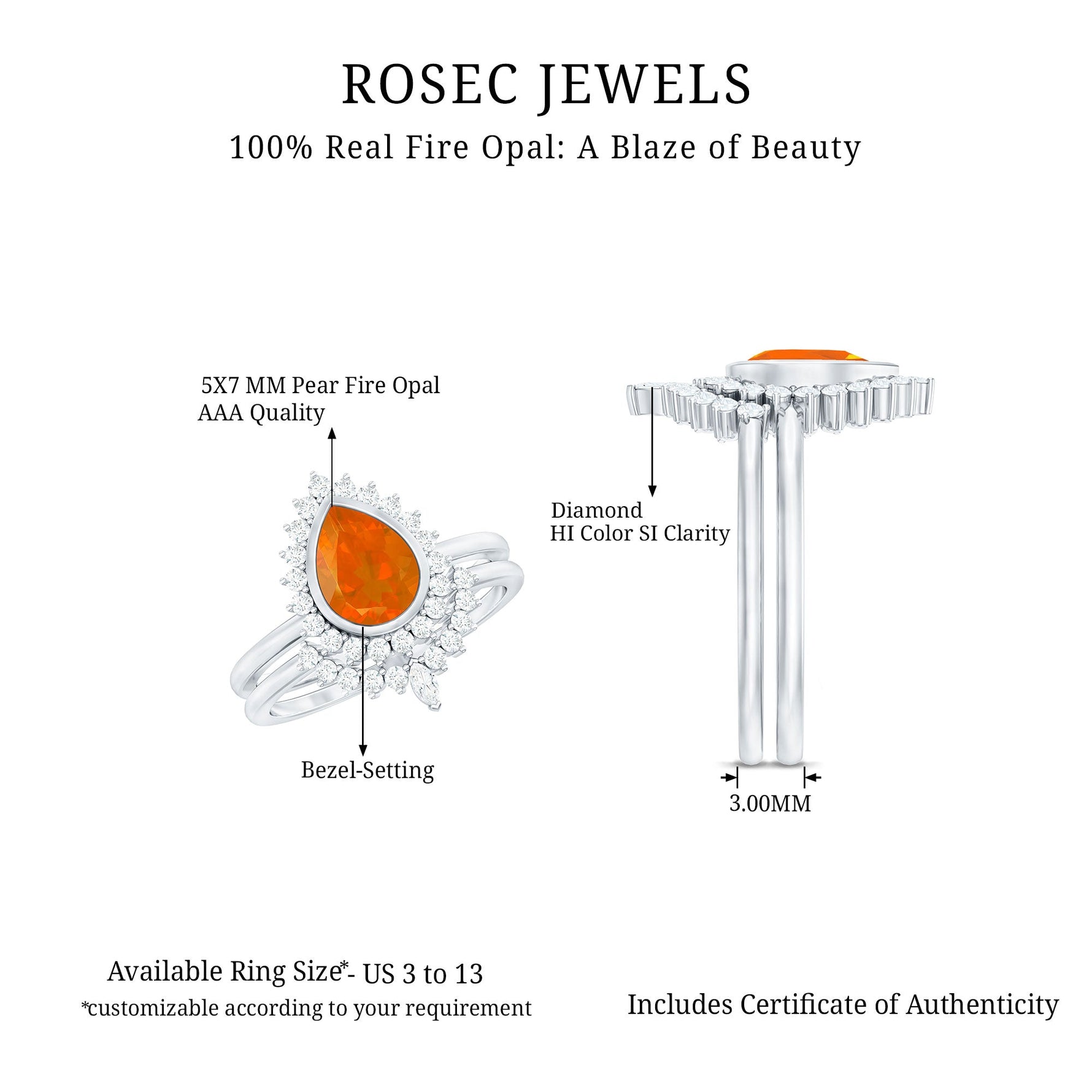 Real Fire Opal Teardrop Wedding Ring Set with Diamond Halo