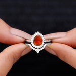 Real Fire Opal Teardrop Wedding Ring Set with Diamond Halo
