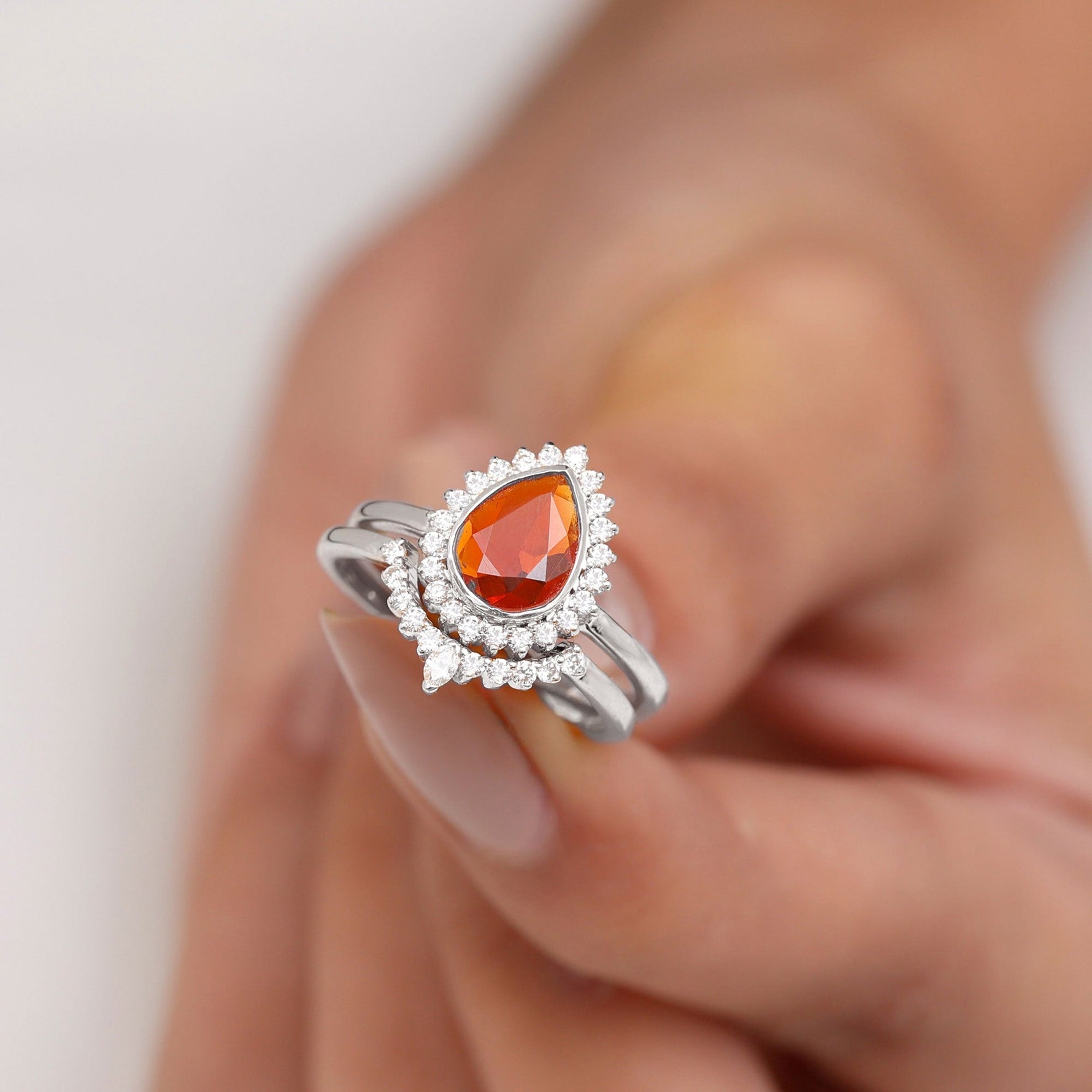 Real Fire Opal Teardrop Wedding Ring Set with Diamond Halo