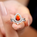 Real Fire Opal Teardrop Wedding Ring Set with Diamond Halo