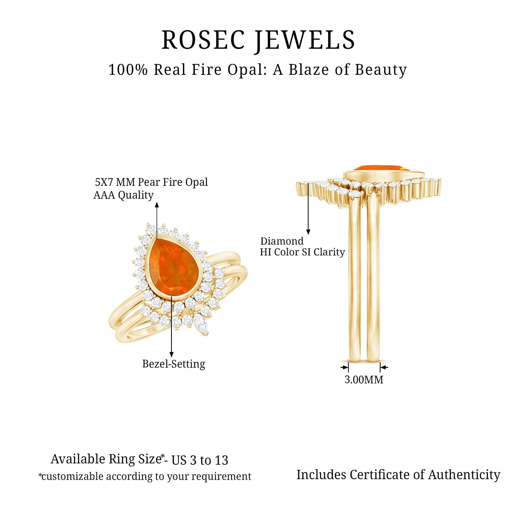 Real Fire Opal Teardrop Wedding Ring Set with Diamond Halo