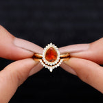 Real Fire Opal Teardrop Wedding Ring Set with Diamond Halo