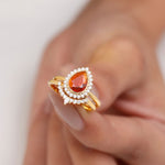 Real Fire Opal Teardrop Wedding Ring Set with Diamond Halo
