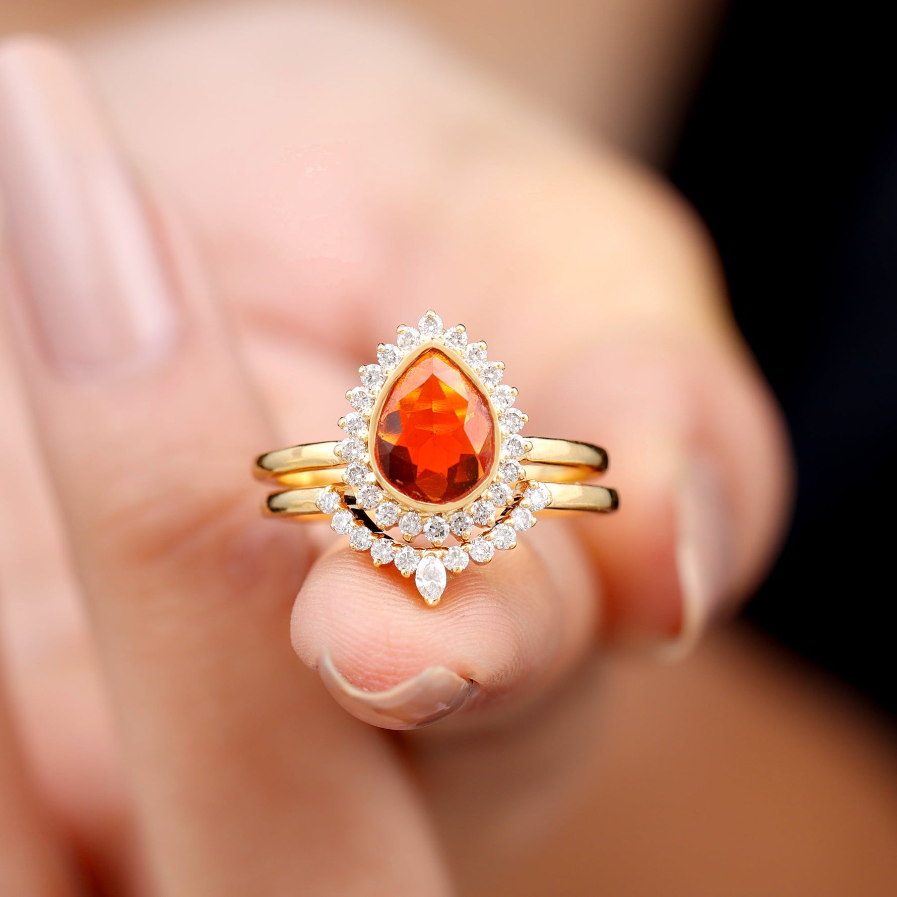 Real Fire Opal Teardrop Wedding Ring Set with Diamond Halo