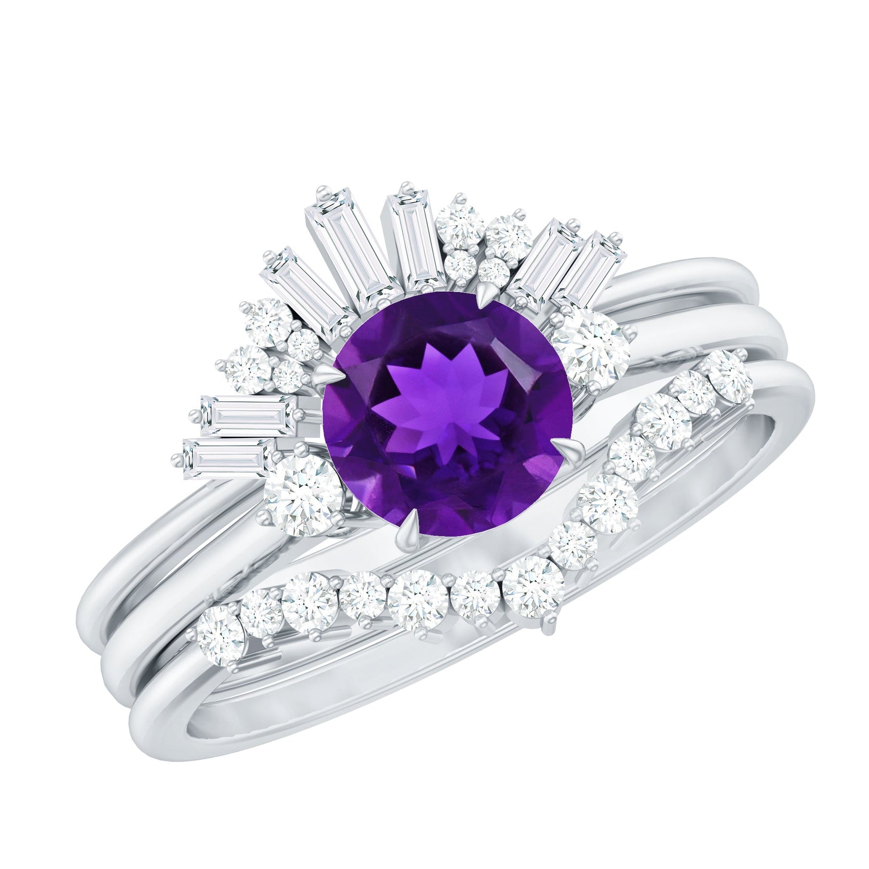 Real Amethyst Designer Trio Wedding Ring Set with Diamond