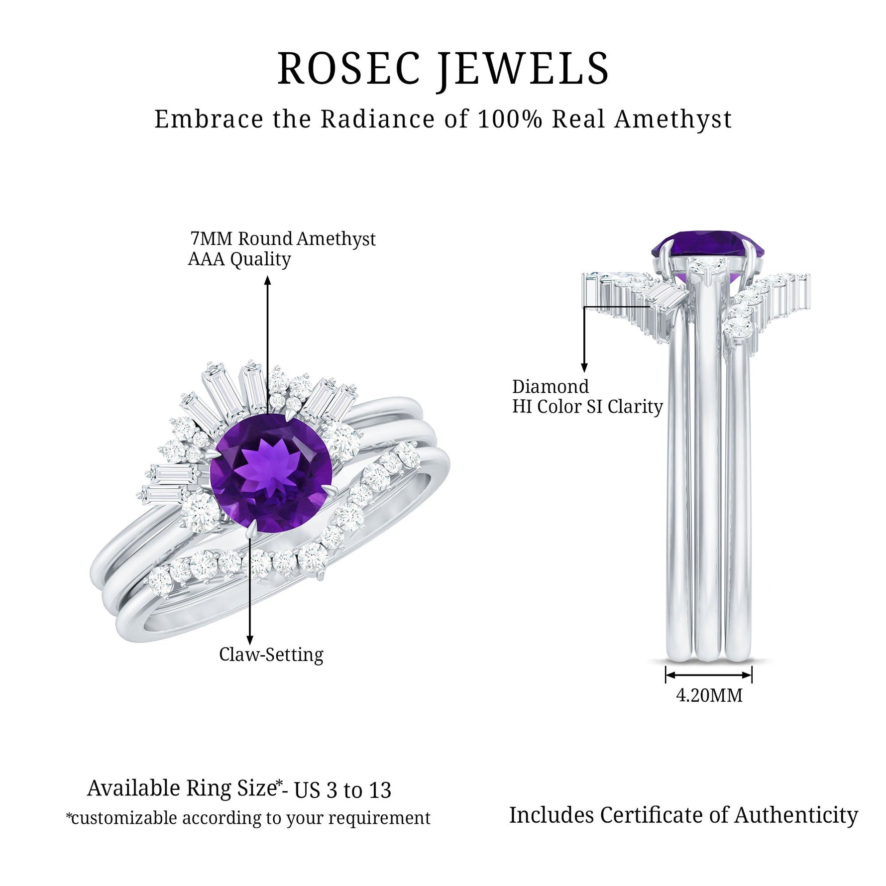 Real Amethyst Designer Trio Wedding Ring Set with Diamond