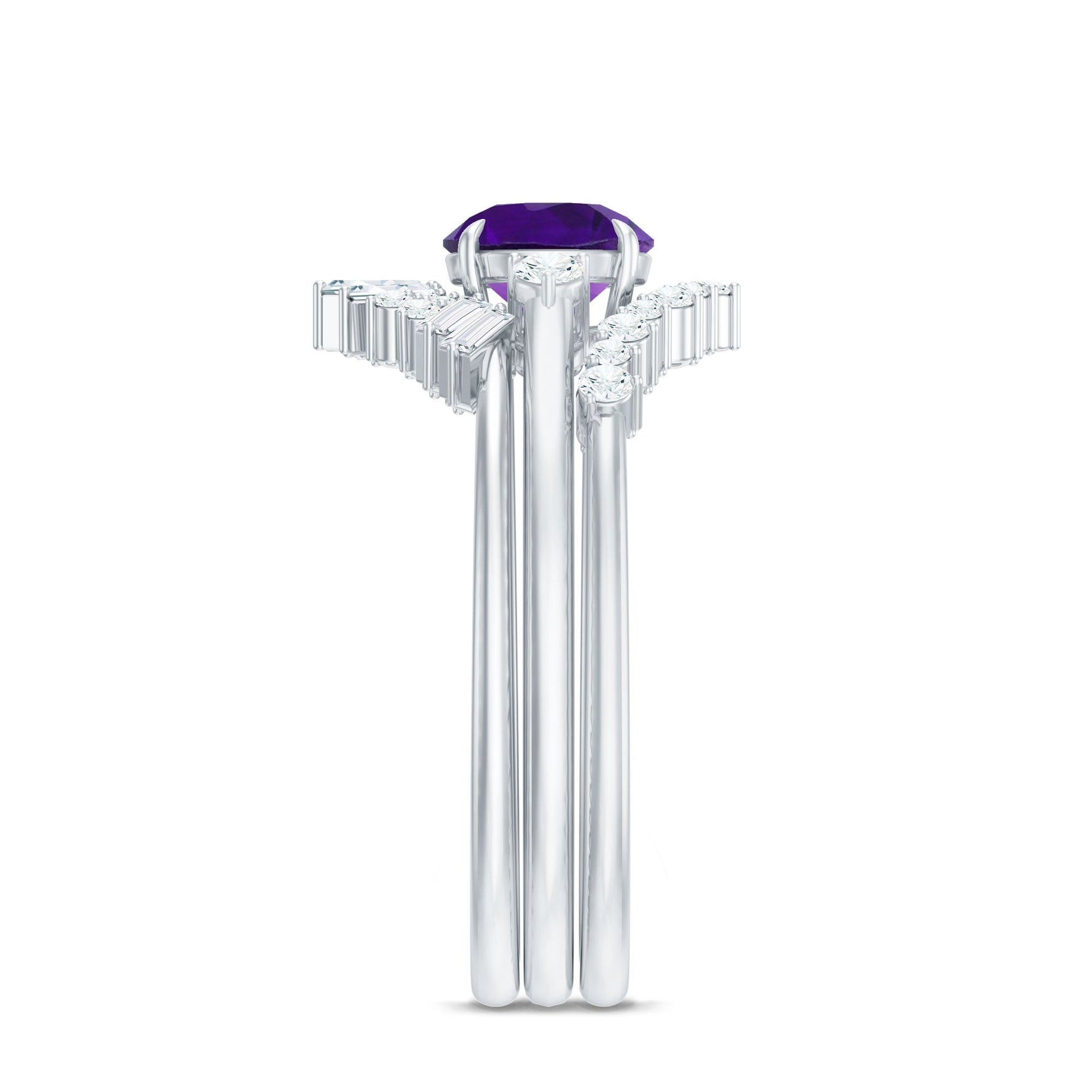 Real Amethyst Designer Trio Wedding Ring Set with Diamond