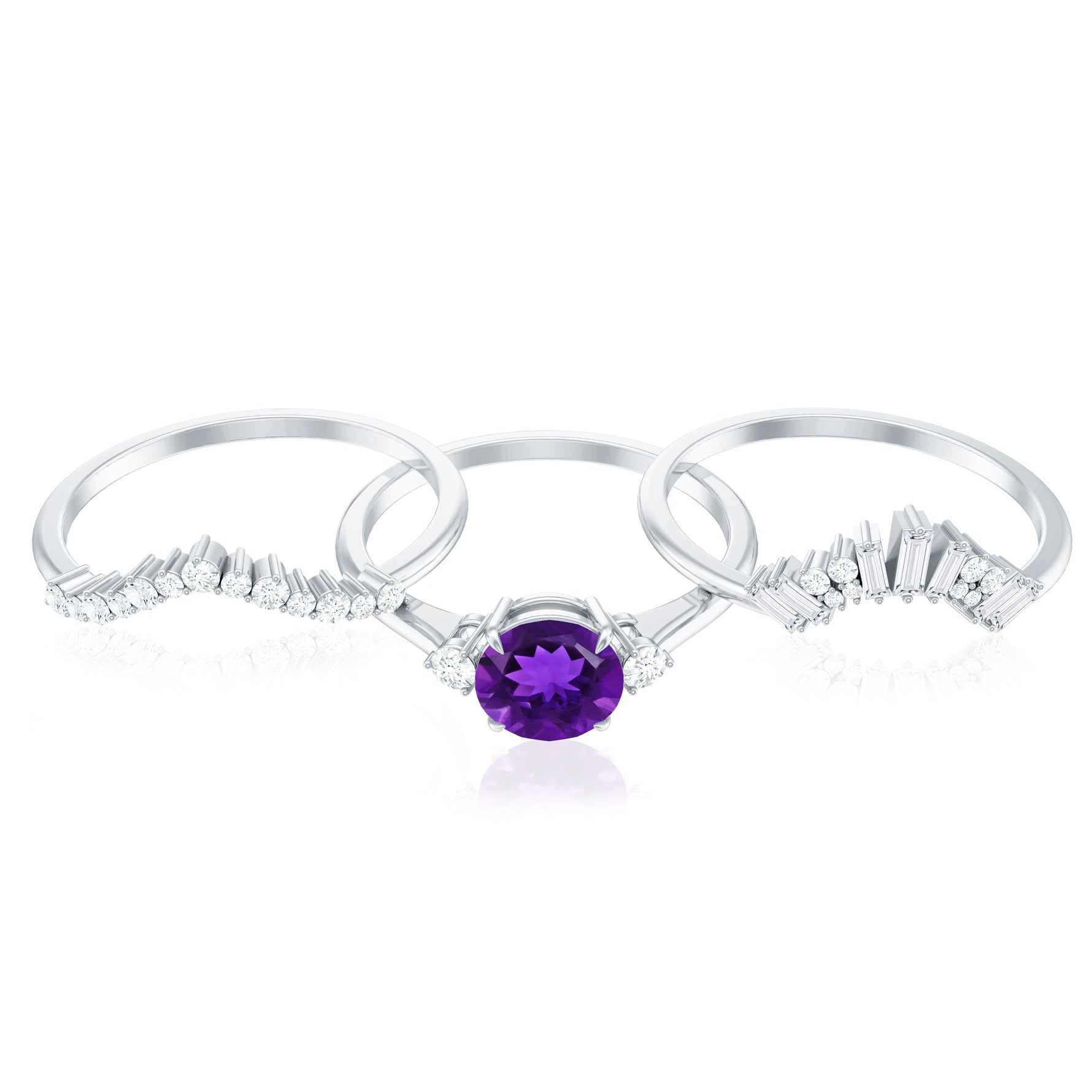 Real Amethyst Designer Trio Wedding Ring Set with Diamond