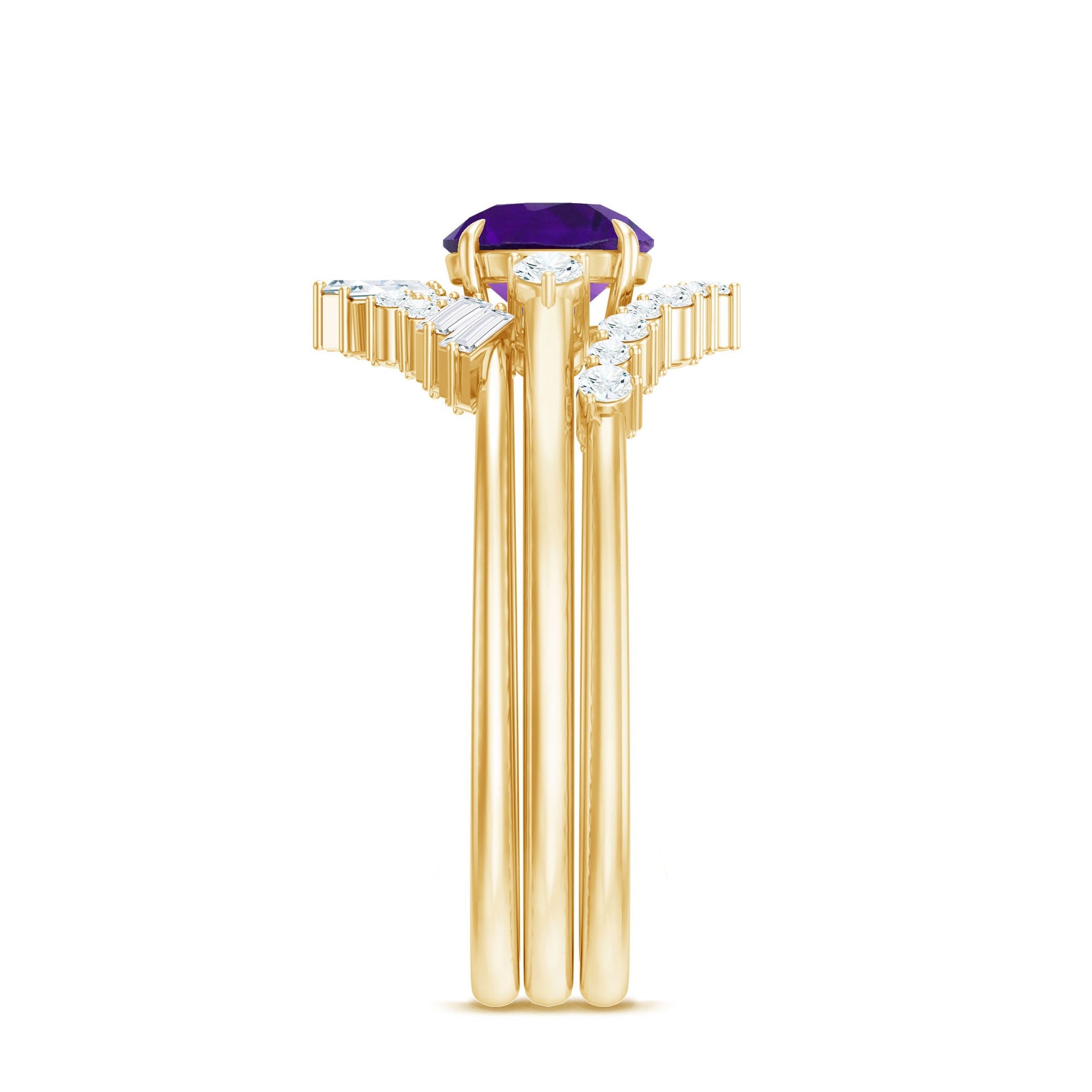 Real Amethyst Designer Trio Wedding Ring Set with Diamond