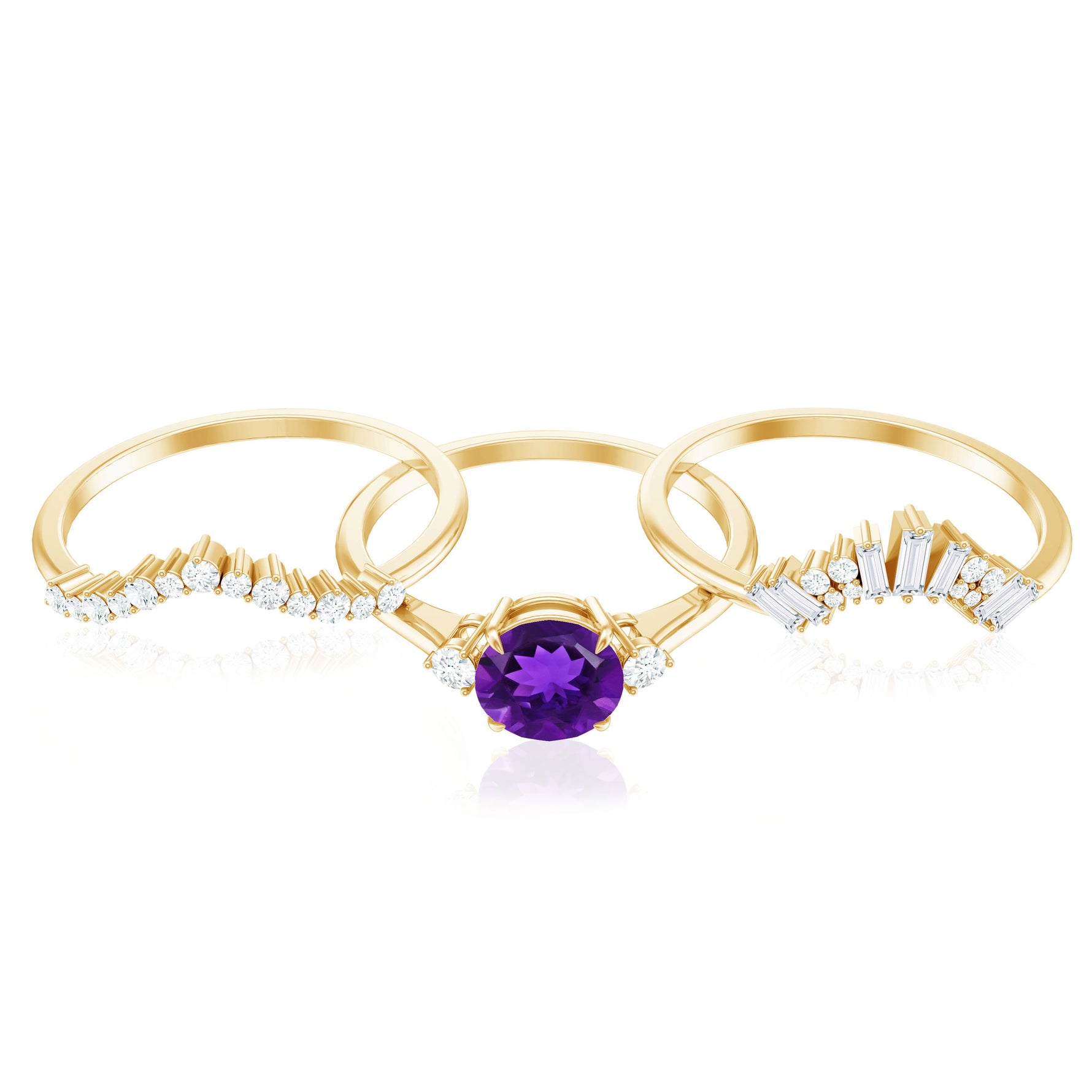 Real Amethyst Designer Trio Wedding Ring Set with Diamond