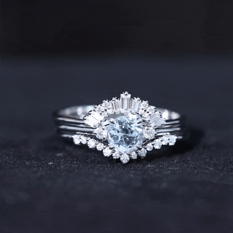 Real Aquamarine Designer Trio Wedding Ring Set with Diamond