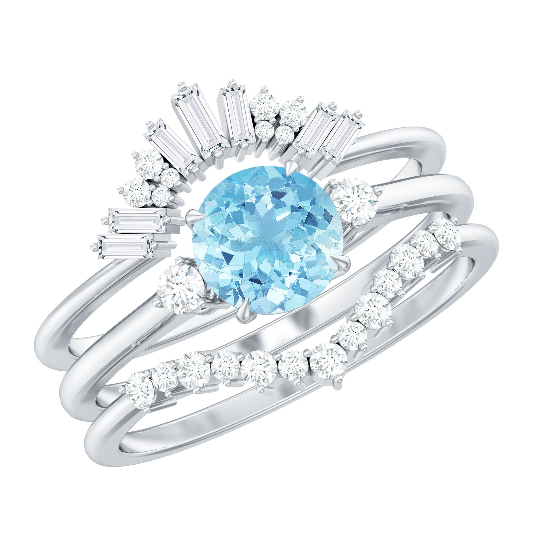 Real Aquamarine Designer Trio Wedding Ring Set with Diamond
