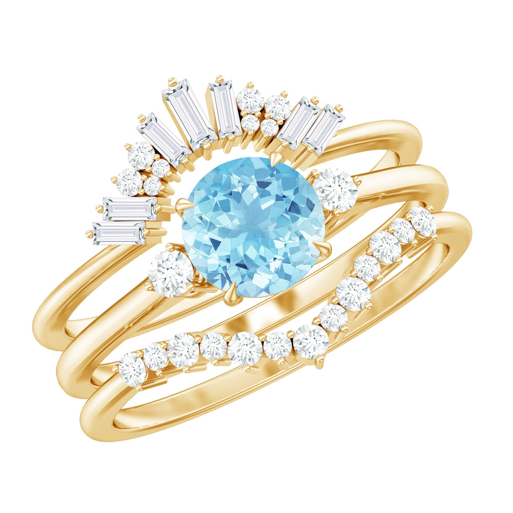 Real Aquamarine Designer Trio Wedding Ring Set with Diamond