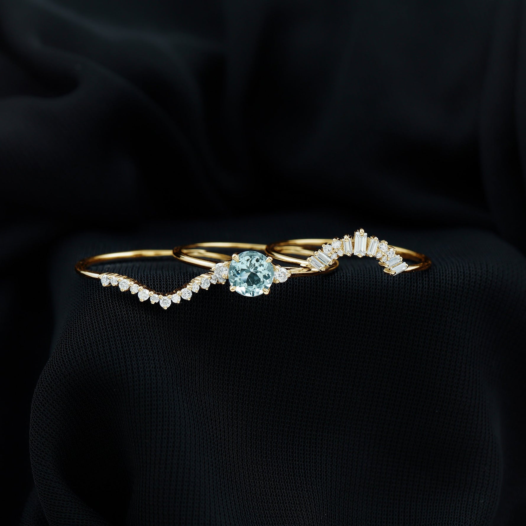 Real Aquamarine Designer Trio Wedding Ring Set with Diamond
