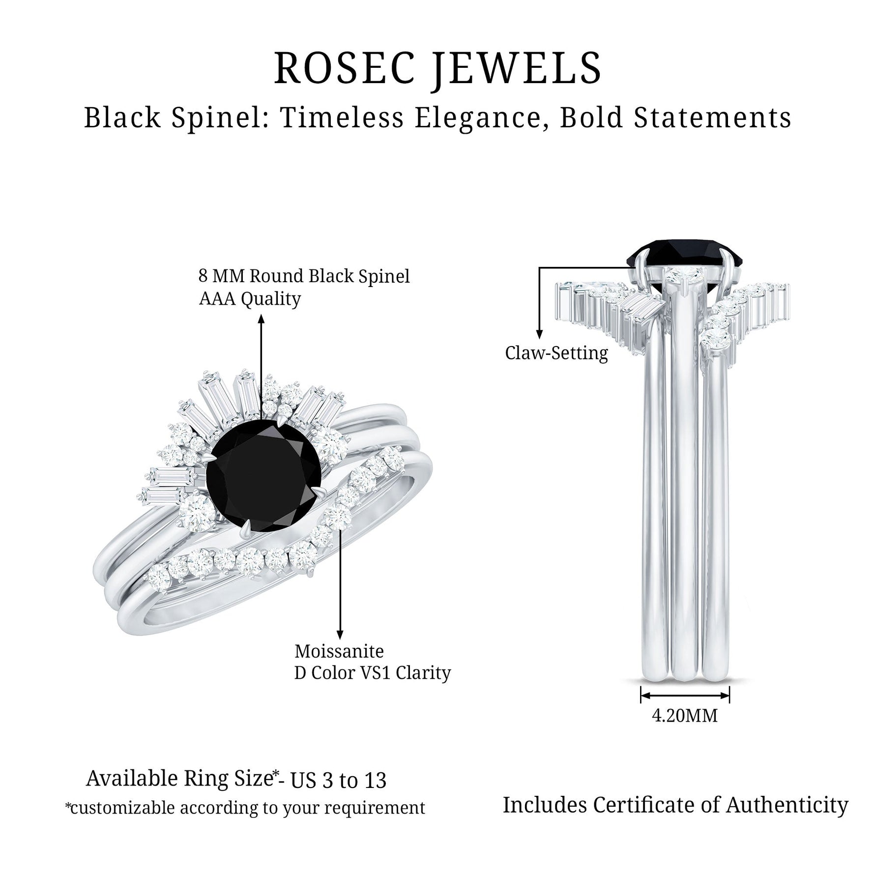 Round Black Spinel Designer Trio Wedding Ring Set with Moissanite