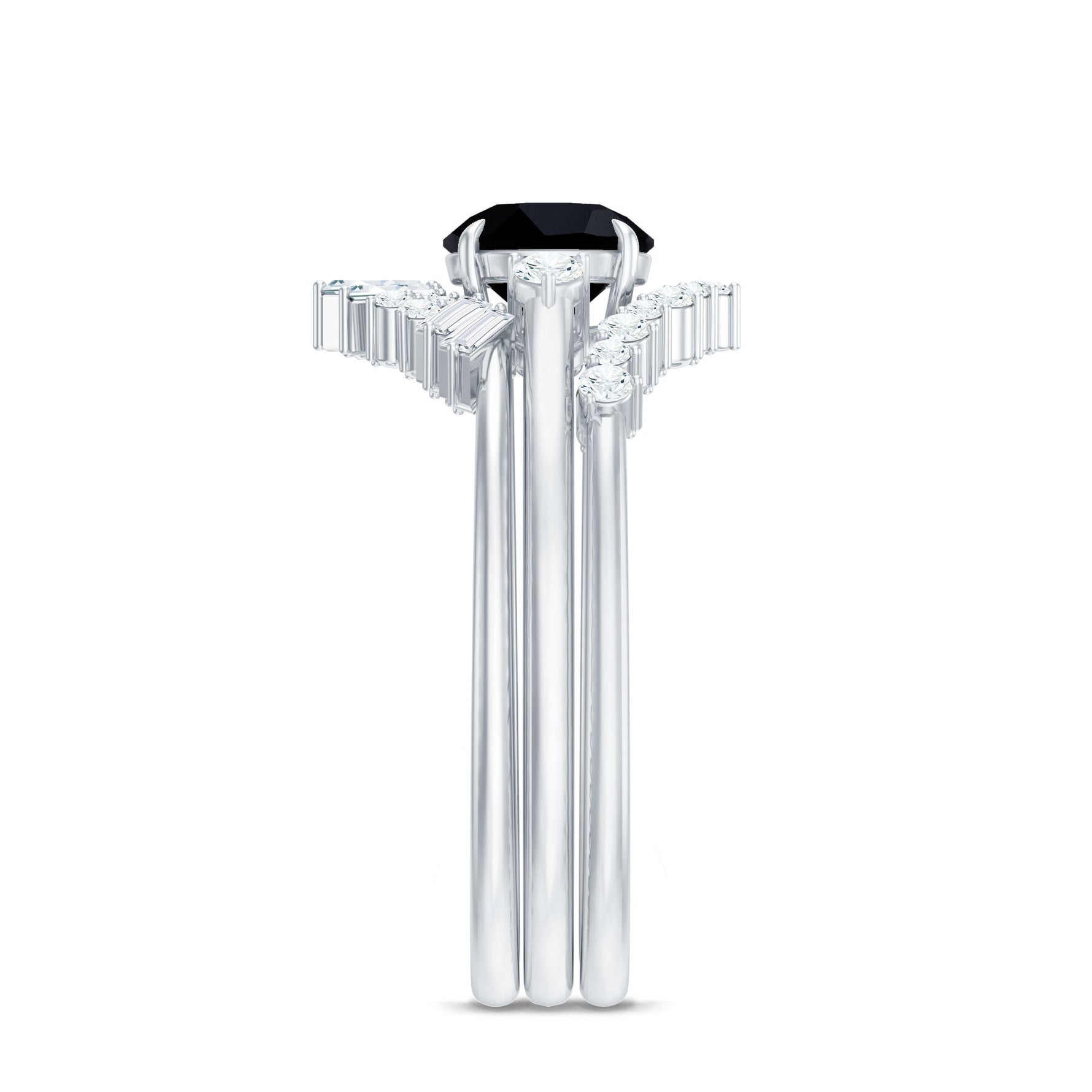 Round Black Spinel Designer Trio Wedding Ring Set with Moissanite