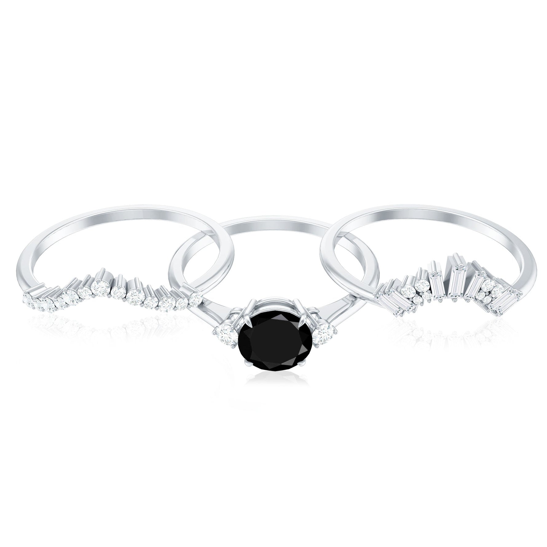 Round Black Spinel Designer Trio Wedding Ring Set with Moissanite