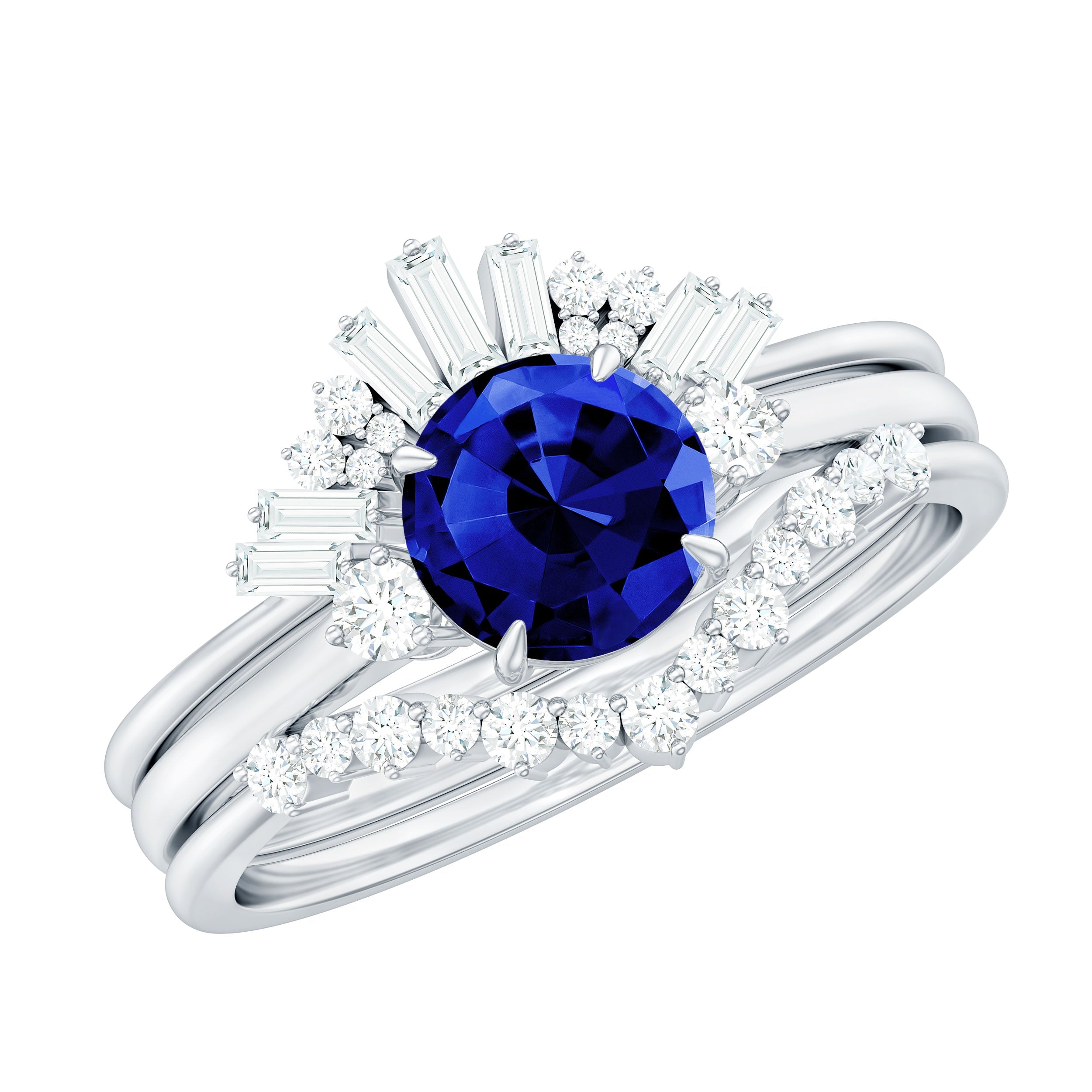 Round Created Blue Sapphire Designer Trio Wedding Ring Set with Diamond
