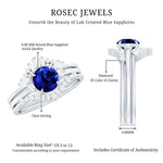 Round Created Blue Sapphire Designer Trio Wedding Ring Set with Diamond