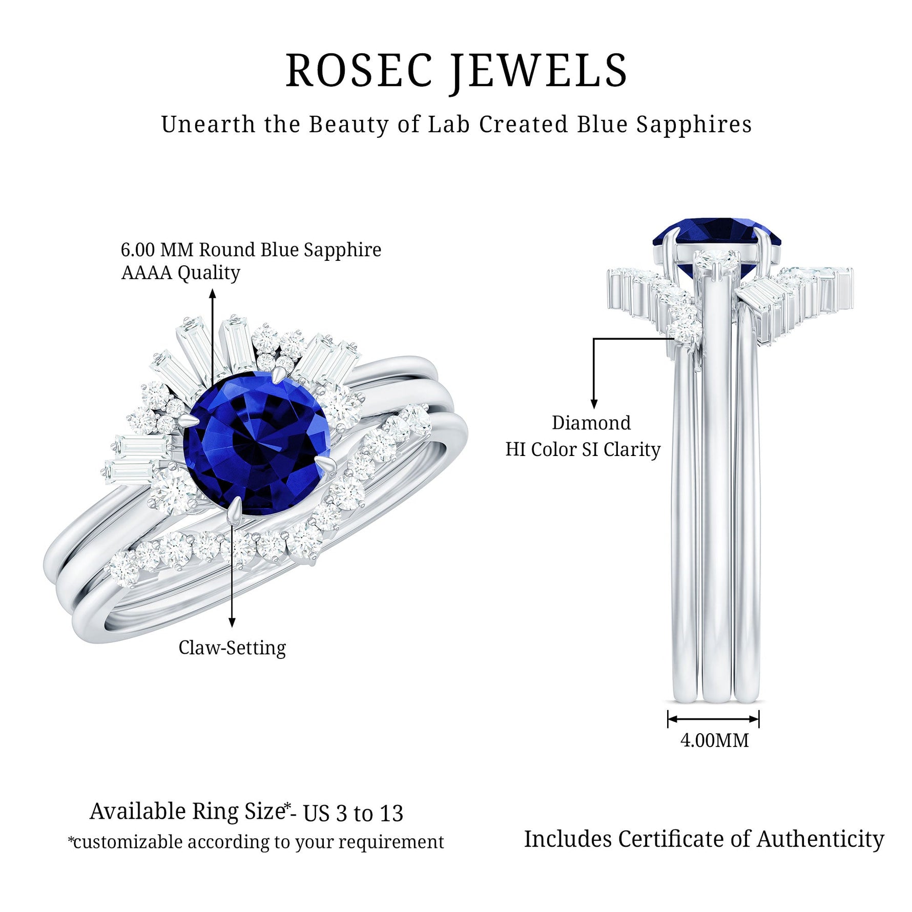 Round Created Blue Sapphire Designer Trio Wedding Ring Set with Diamond