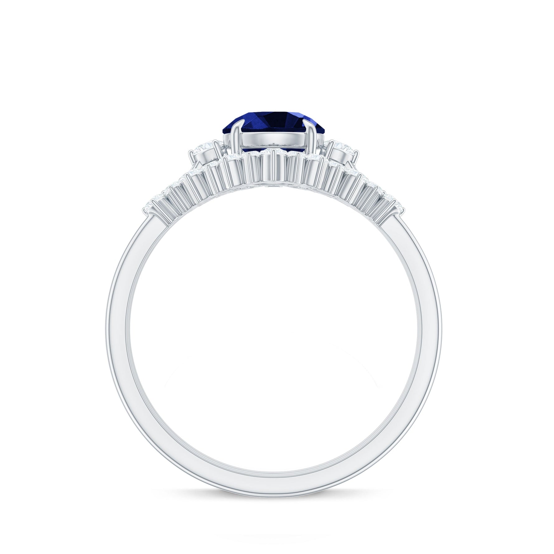 Round Created Blue Sapphire Designer Trio Wedding Ring Set with Diamond