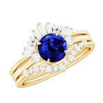 Round Created Blue Sapphire Designer Trio Wedding Ring Set with Diamond
