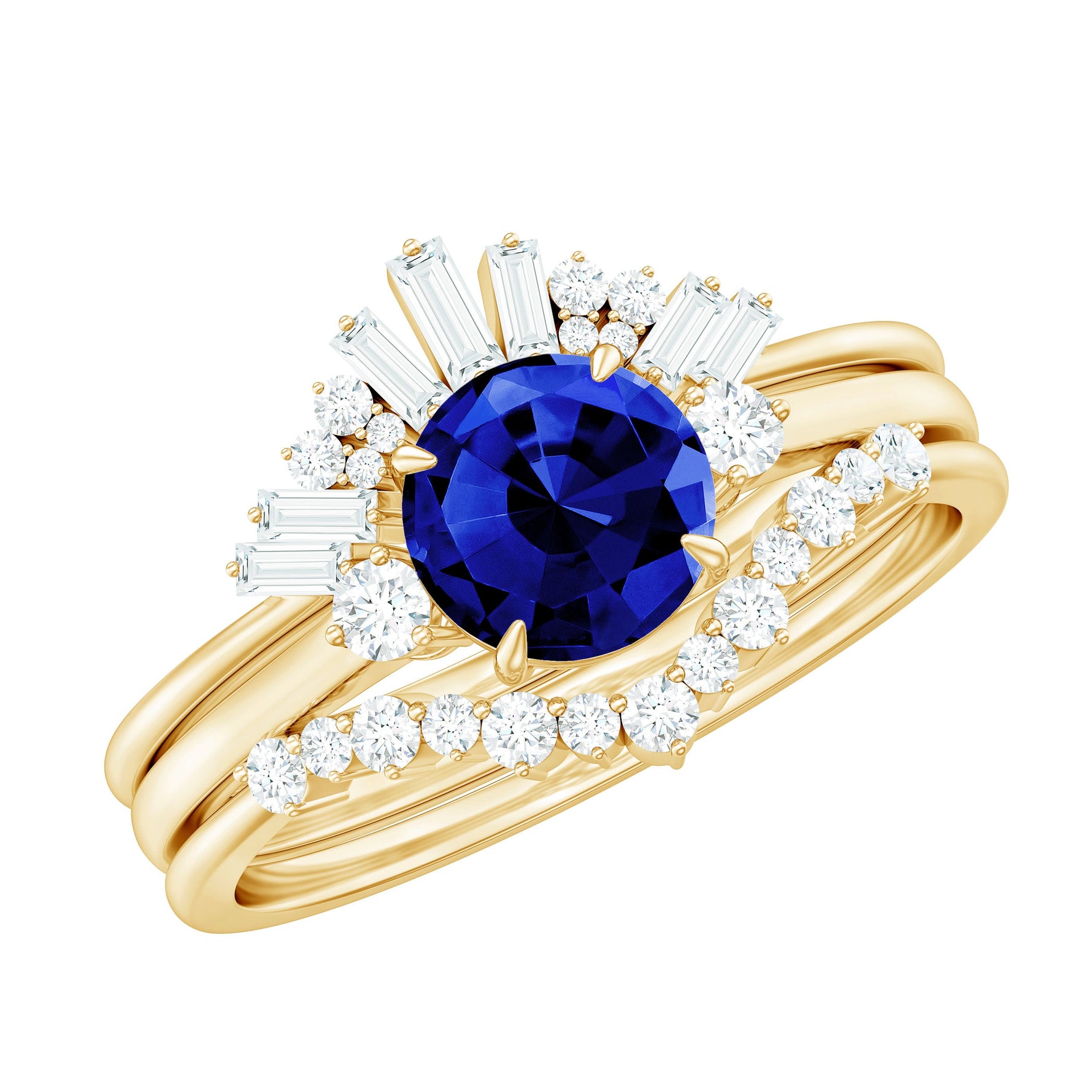 Round Created Blue Sapphire Designer Trio Wedding Ring Set with Diamond