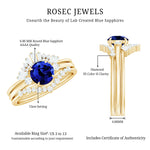Round Created Blue Sapphire Designer Trio Wedding Ring Set with Diamond