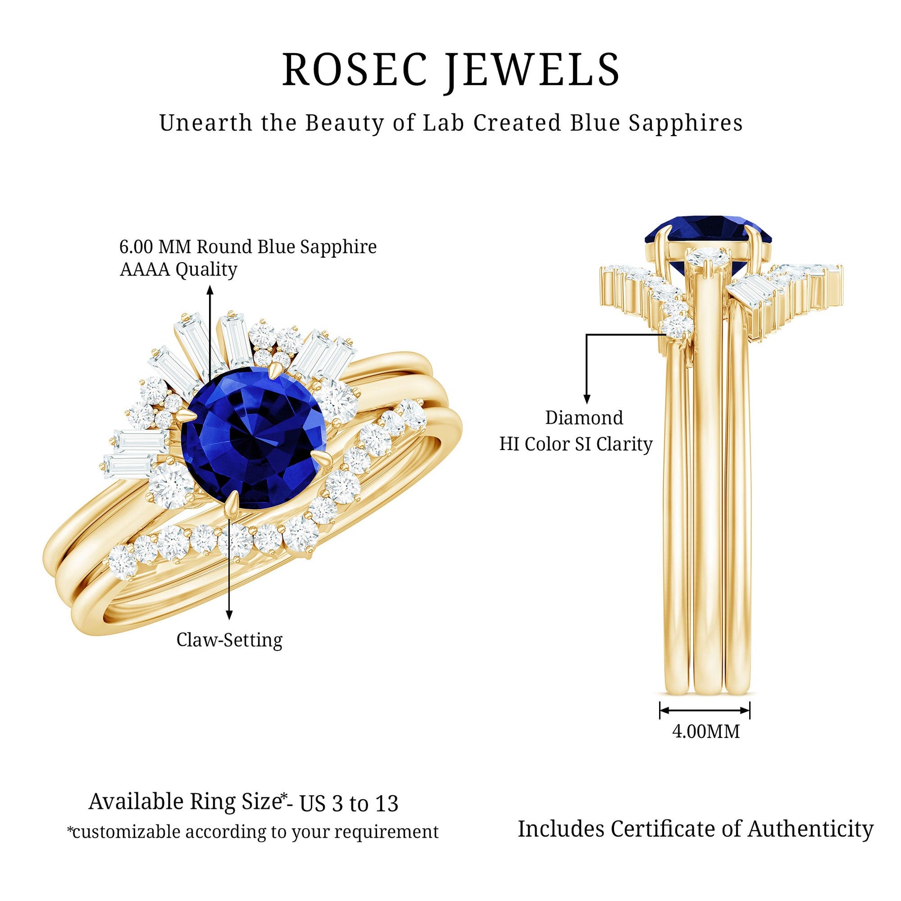 Round Created Blue Sapphire Designer Trio Wedding Ring Set with Diamond