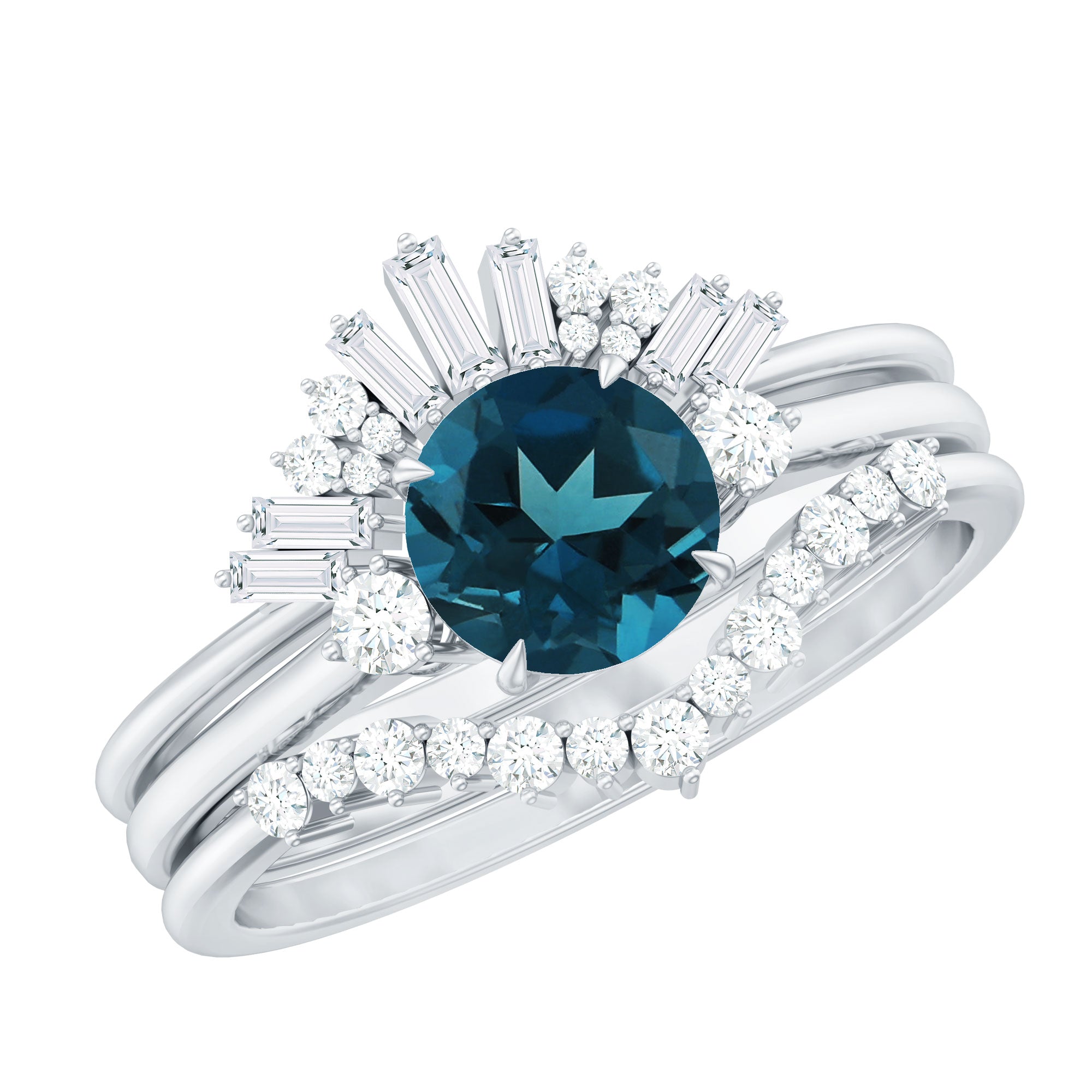 Vintage Inspired London Blue Topaz and Diamond Trio Wedding Ring Set