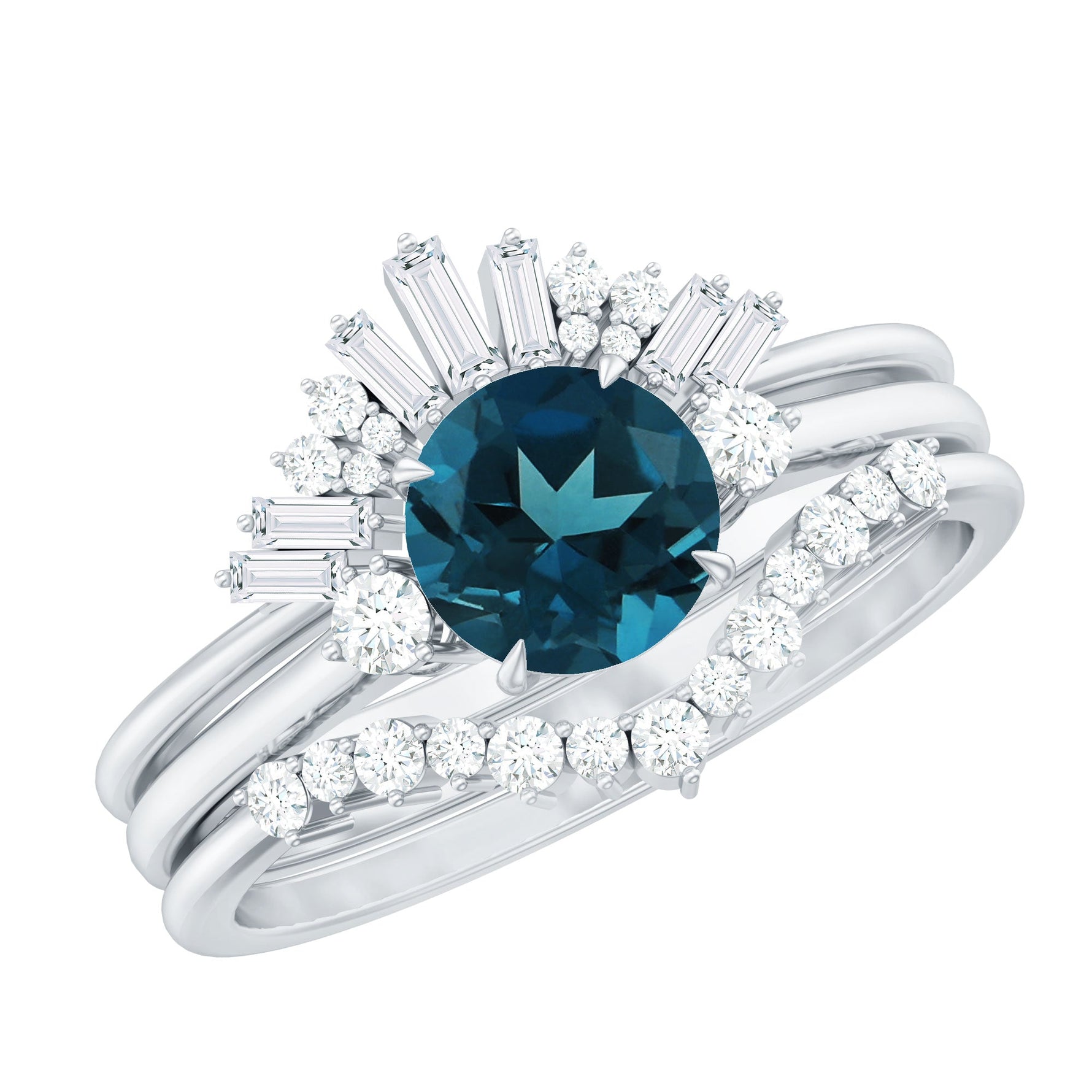 Vintage Inspired London Blue Topaz and Diamond Trio Wedding Ring Set