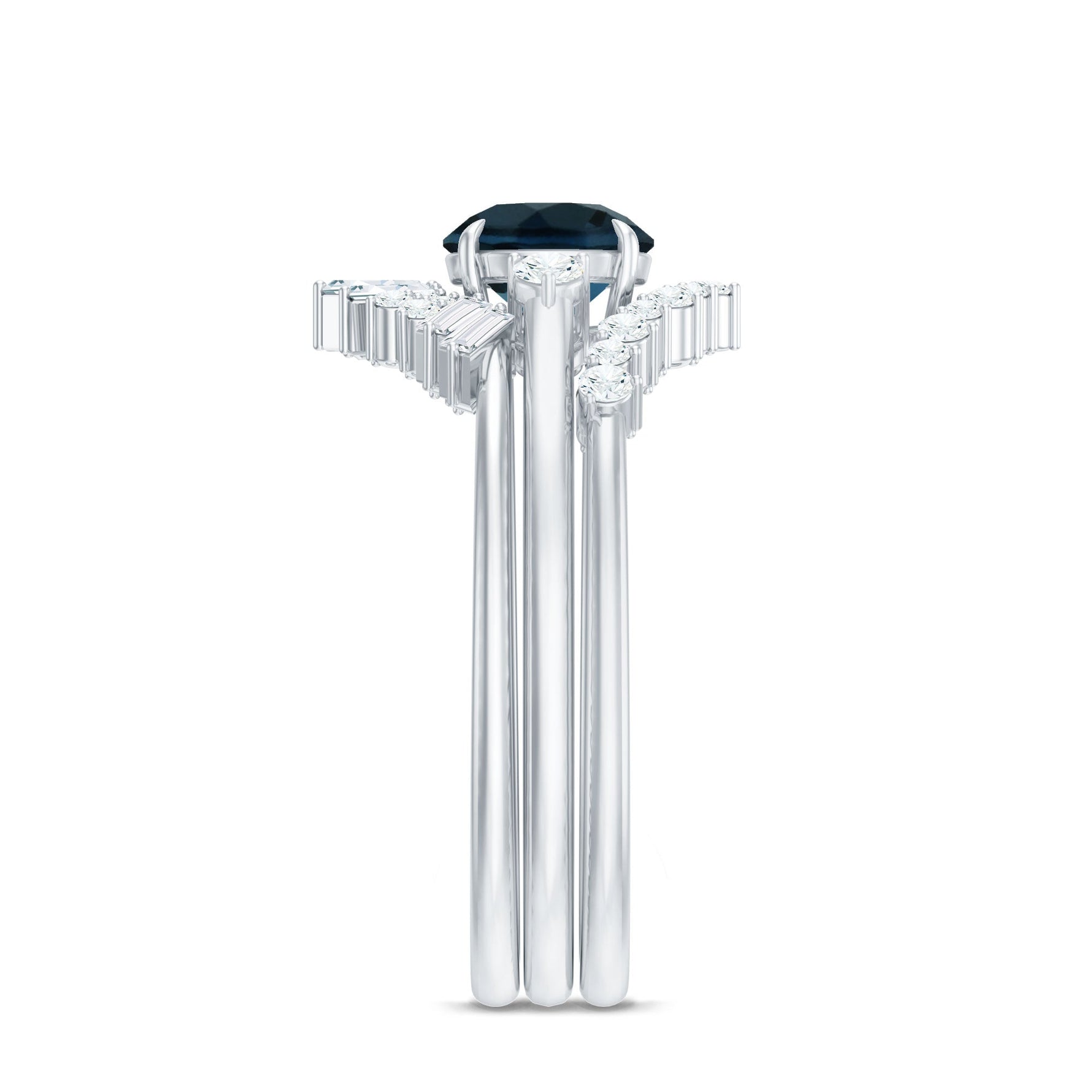 Vintage Inspired London Blue Topaz and Diamond Trio Wedding Ring Set